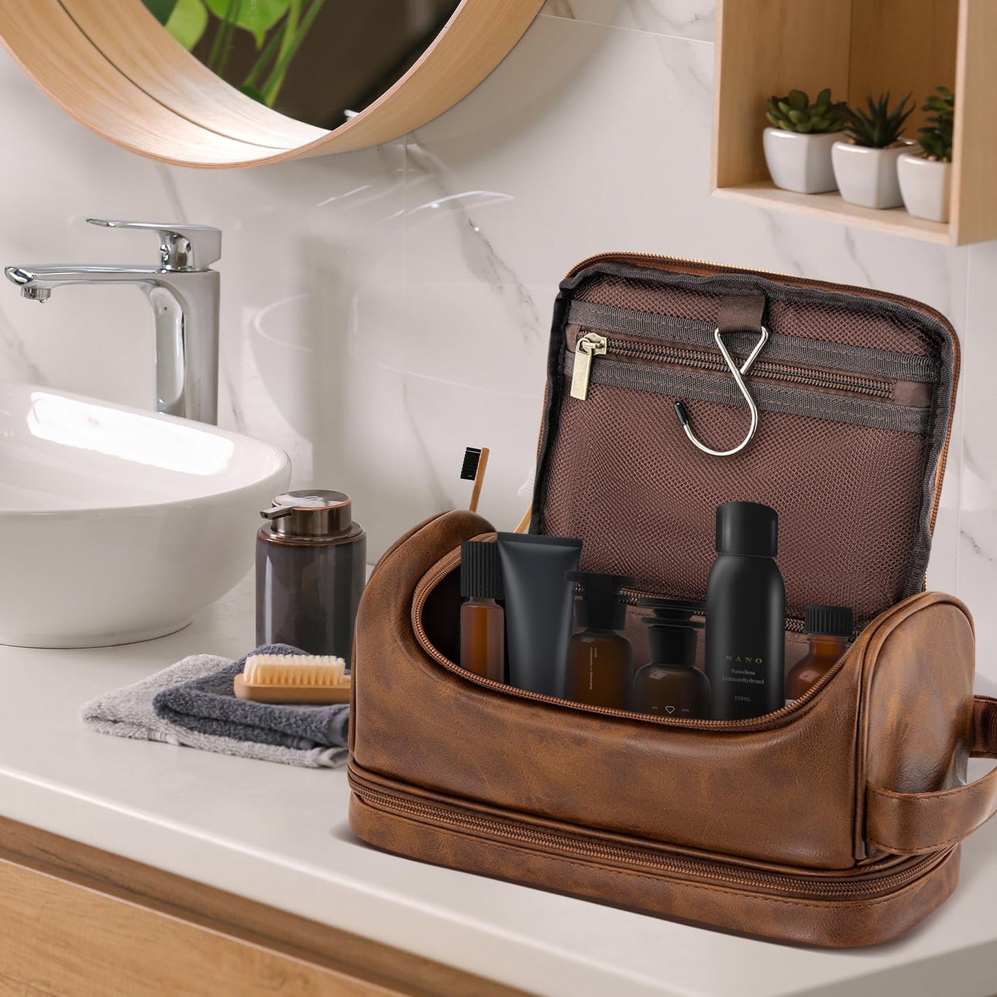 Aganmi Personalized Christmas Birthday Gifts Toiletry Bag for Men Dad Husband, Custom Initial PU Leather Waterproof Toiletry Organizer Dopp Kit Shaving Bag Travel Essential for Men, Light Brown J