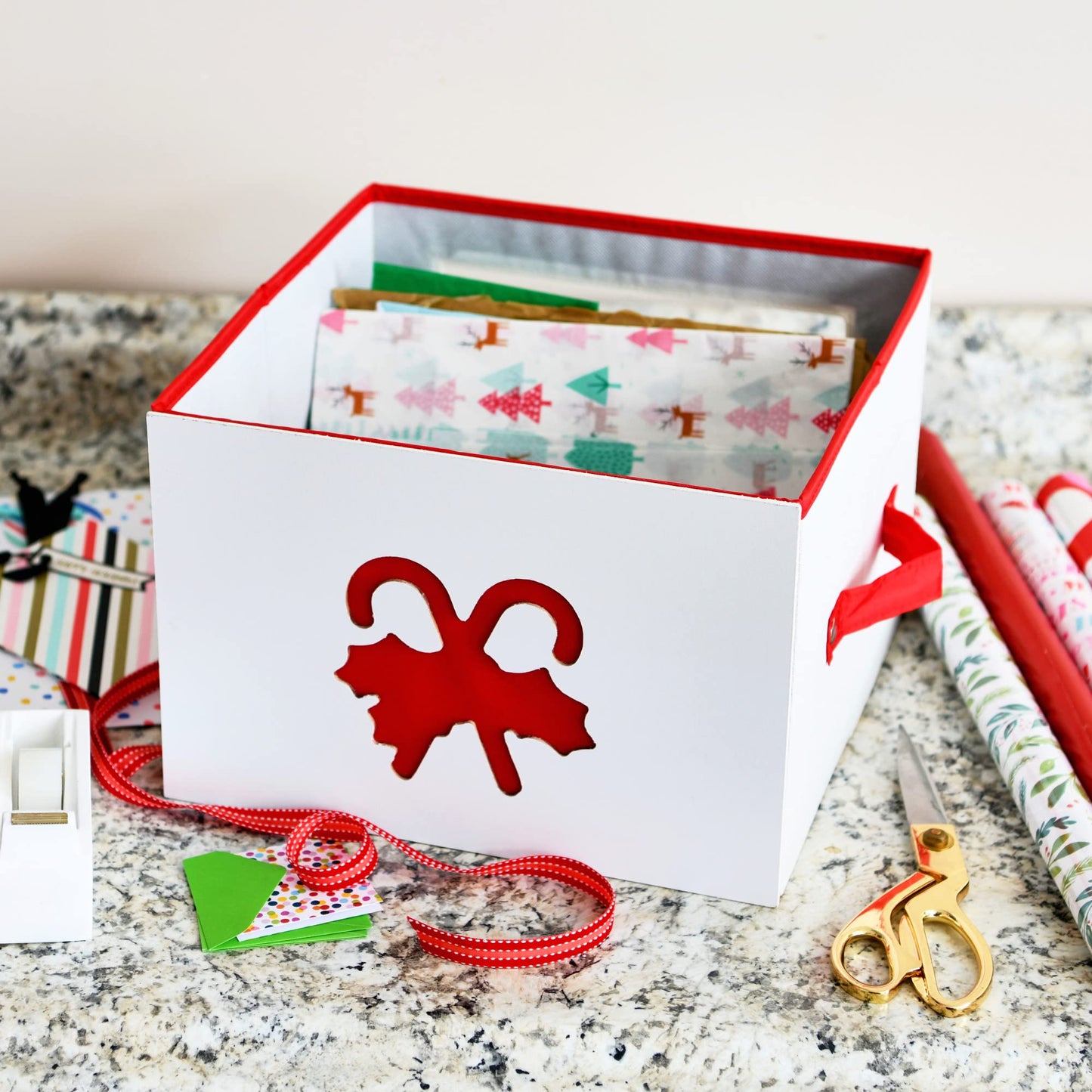 Household Essentials Medium Candy Cane Ornament Storage Box in Cream Polyester and Cardboard