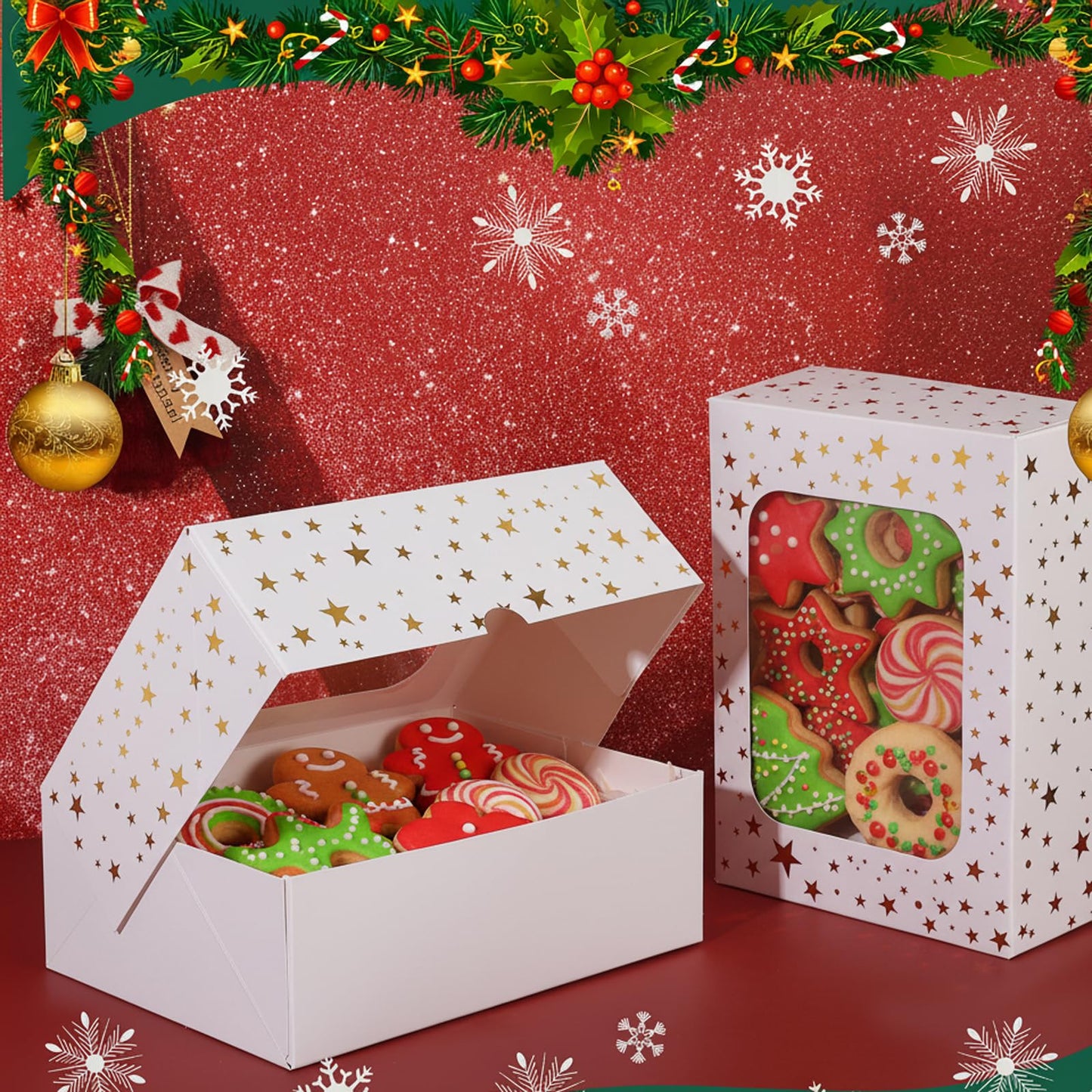YEKTFS 12pcs Cookie Boxes with Window, 8.25x6x2.75in White Treat Boxes with Window Gold Foil Star Bakery Cake Boxes for Christmas Gift Giving Pastry Dessert Cupcakes Candy Donut Packaging