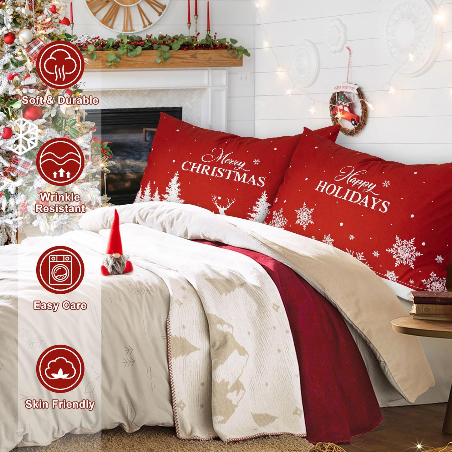 Lanpn Christmas Queen Pillowcase 20x30 Set of 2, Red Christmas Tree Snowflake Lumbar Pillow Cases 20 x 30 Long Rectangle Queen Shams Throw Bed Pillow Covers Winter Holiday Xmas Cushion Cover 2 Pack