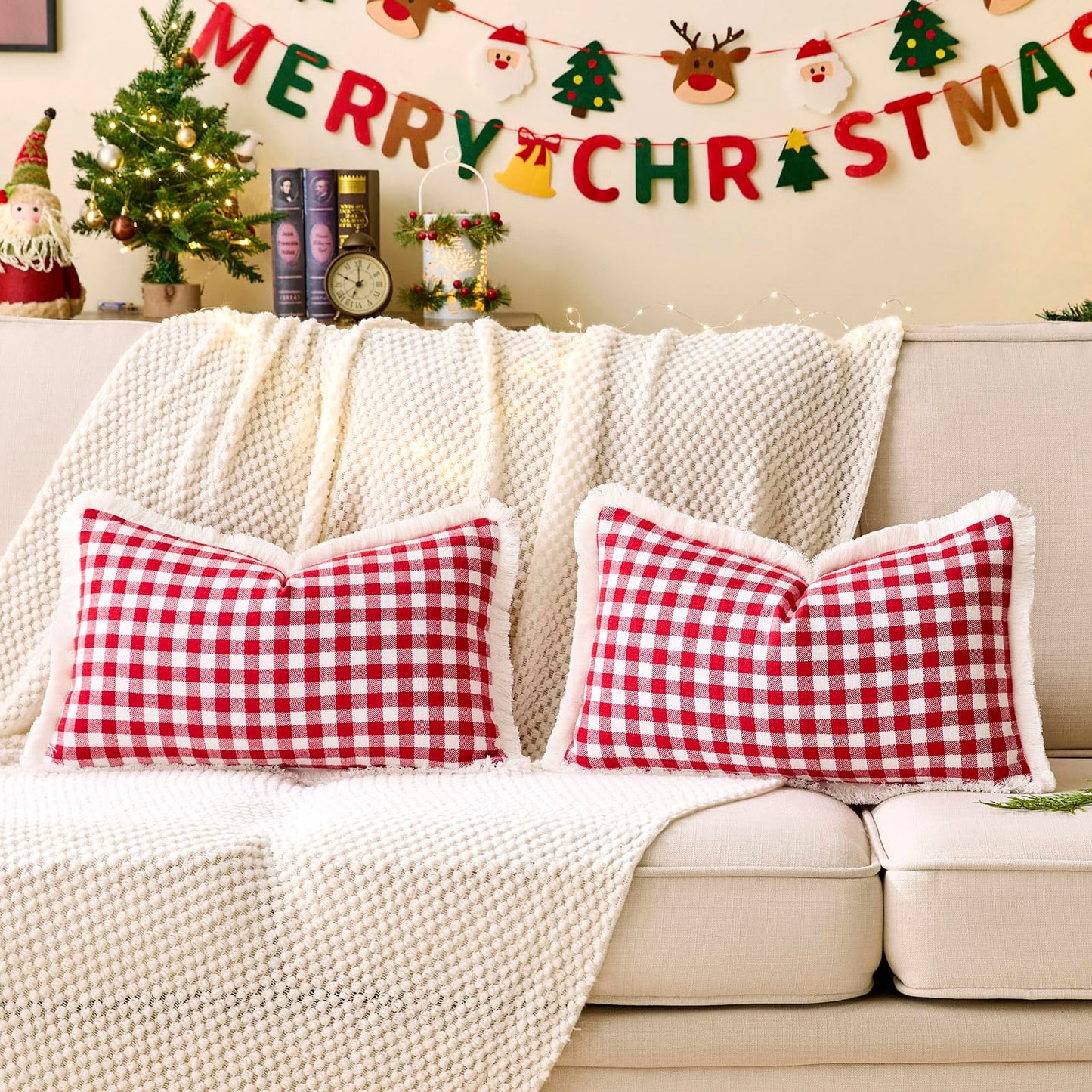 12x20 Red and White Christmas Plaid Gingham Lumbar Pillow Covers Set of 2
