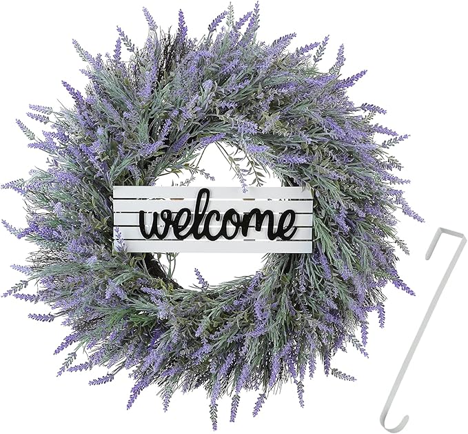 24" Wreath, Spring Wreaths, Artificial Lavender Wreath for Front Door, with Welcome Sign Wreath Hanger, for Spring, Summer, Autumn and Winter, Indoors,Outdoors, corridors, Offices. (Purple)