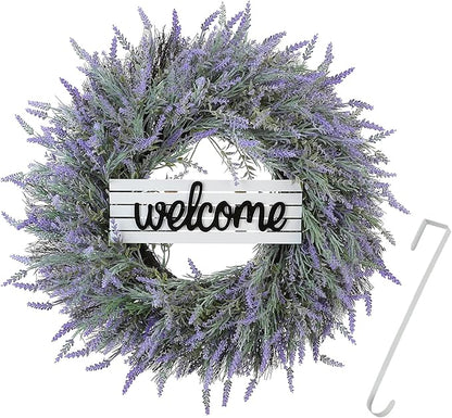 24" Wreath, Spring Wreaths, Artificial Lavender Wreath for Front Door, with Welcome Sign Wreath Hanger, for Spring, Summer, Autumn and Winter, Indoors,Outdoors, corridors, Offices. (Purple)