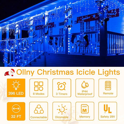 Ollny Icicle Lights for Outside 400LED 32FT, Blue Christmas Light with Remote 8Modes Timers Waterproof, Plug in Connectable Hanging Lights for Outdoor Indoor House Roof Holiday