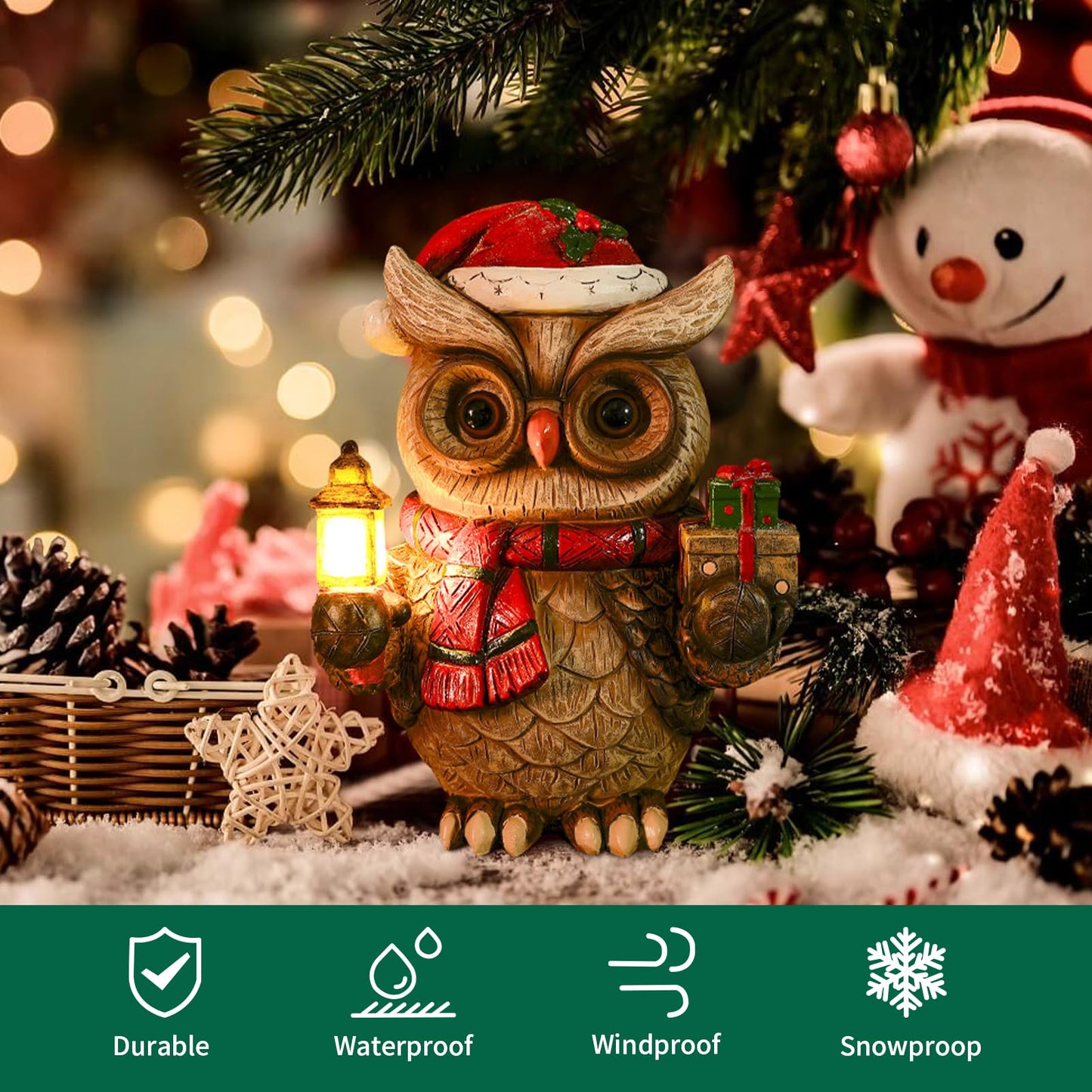 WONDHOME Solar Christmas Owl Decoration Resin Owl Outdoor Statue with LED Lantern for Porch Garden Patio Yard Home Decor Christmas Housewarming Gifts for Women Mom