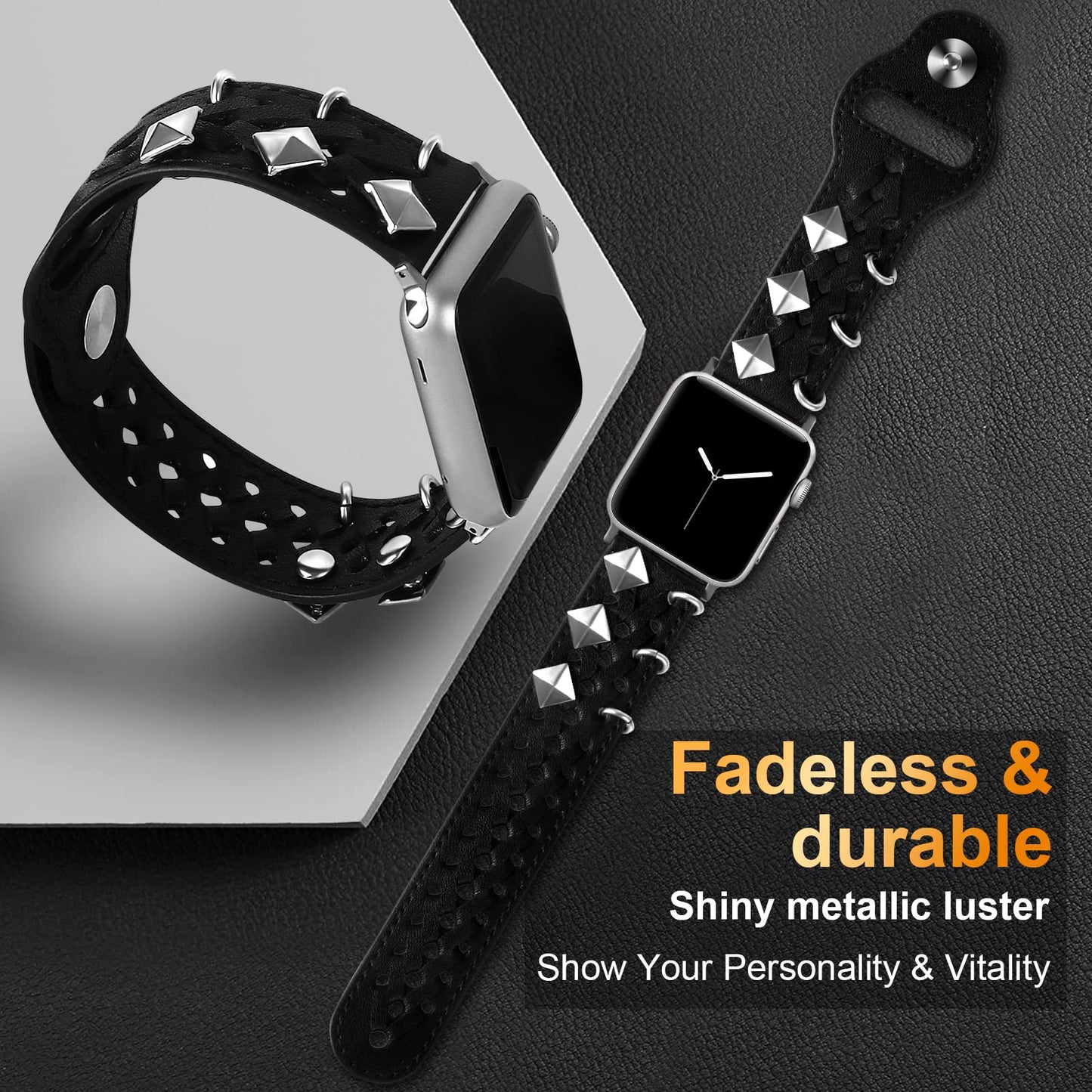 VIQIV Leather Band Compatible with Apple Watch Ultra Band 38mm 41mm 40mm for Women Men, Hollow-out Woven Rivets Bracelet Designer Wristbands Smartwatch Strap for iWatch Series SE 8 7 6 5 4 3 2