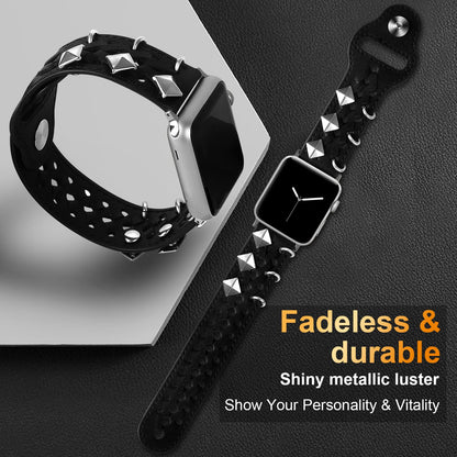 VIQIV Leather Band Compatible with Apple Watch Ultra Band 44mm 45mm 49mm 42mm for Women Men, Hollow-out Woven Rivets Bracelet Designer Wristbands Smartwatch Strap for iWatch Series SE 8 7 6 5 4 3 2