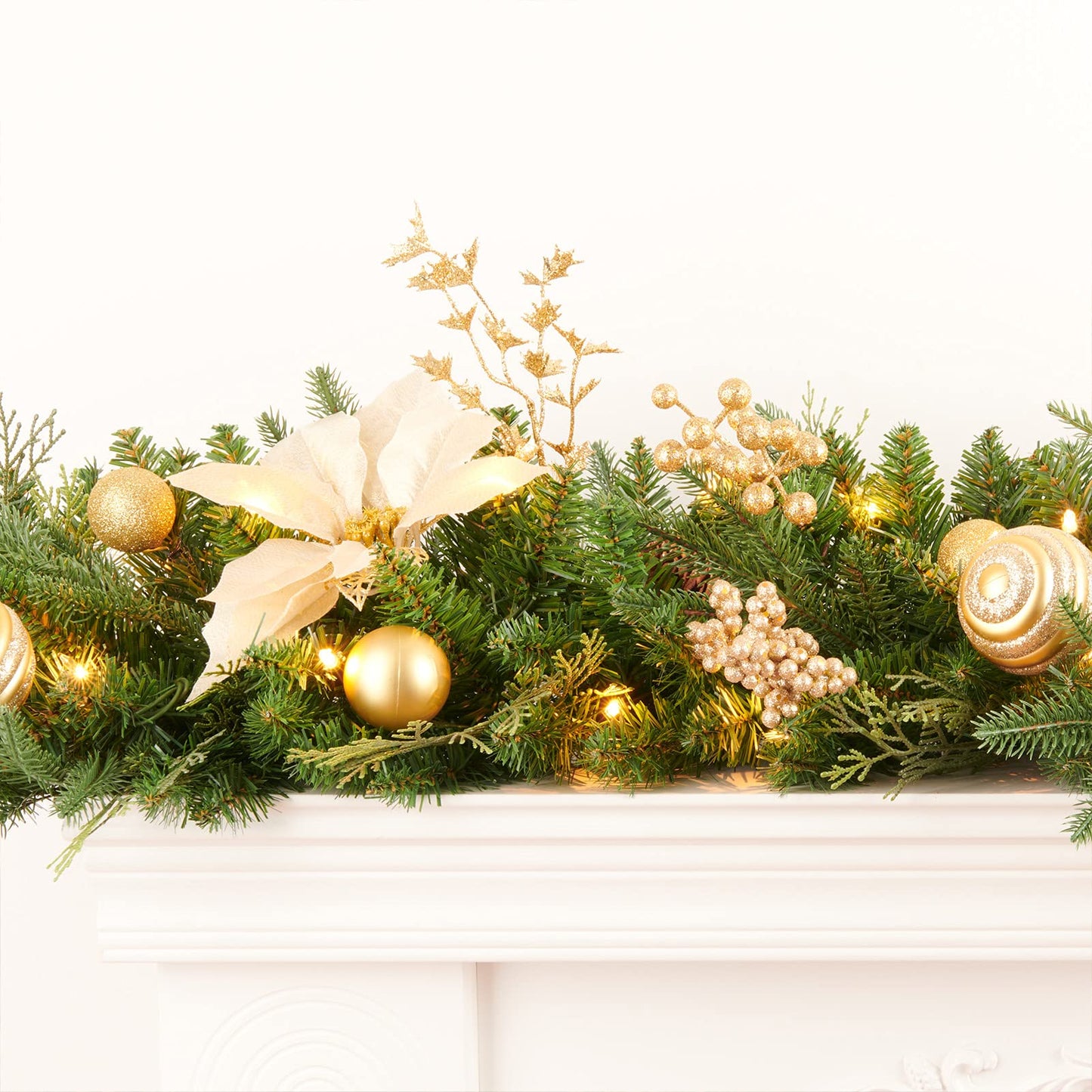 AMERZEST Pre-lit 9ft Christmas Garland with Gold Berries and Balls,Pine Cone,Golden Flower and 50 Battery Operated Soft White LED Lights with Timer,Artificial Holiday Decoration Door Outdoor