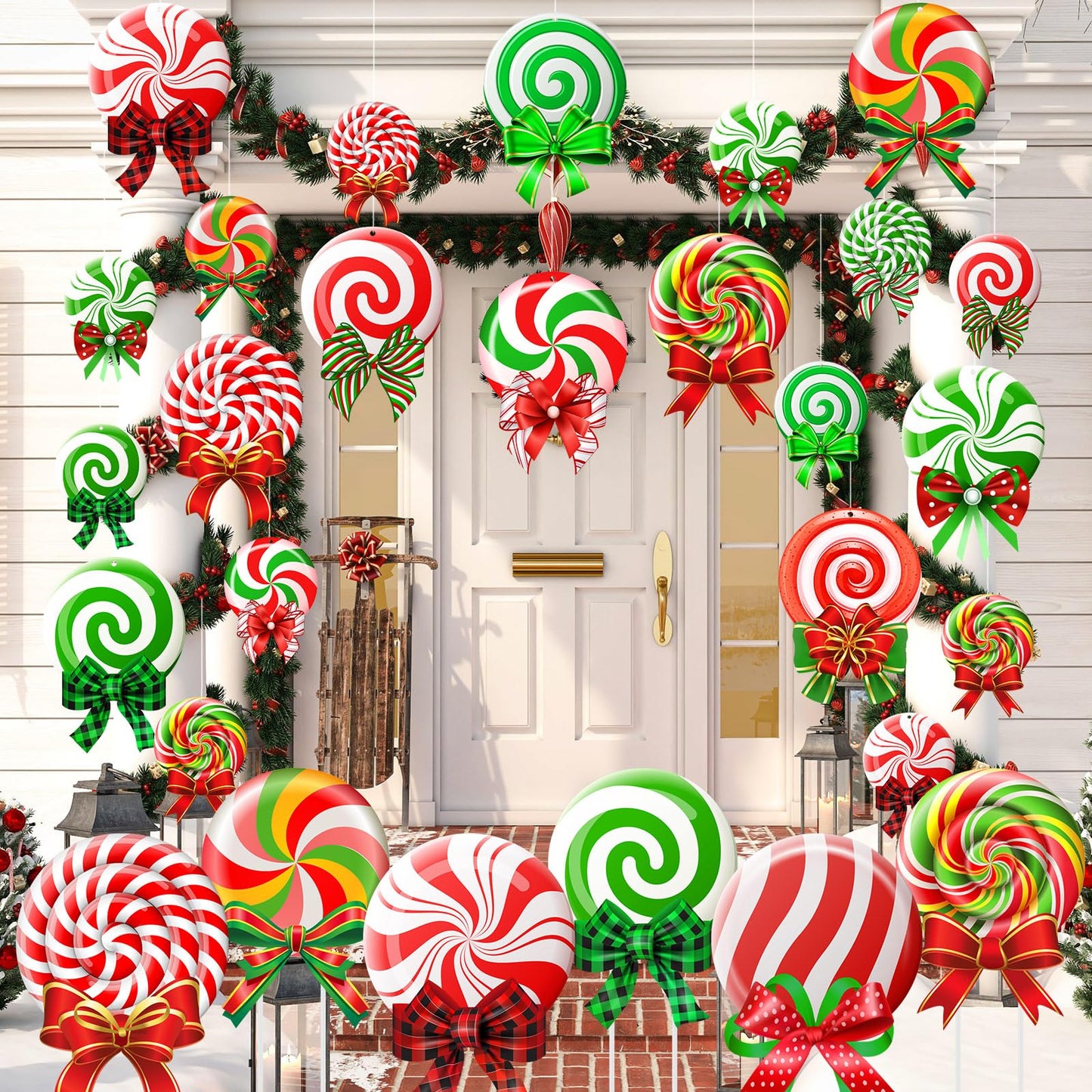 Huwena 30 Pcs Christmas Outdoor Hanging Decorations Snowflakes Candy Yard Signs Include 6 Plastic Yard Stakes 24 Double Sided Ornaments for Christmas Winter Holiday Garden Tree Decor(Candy Cane)