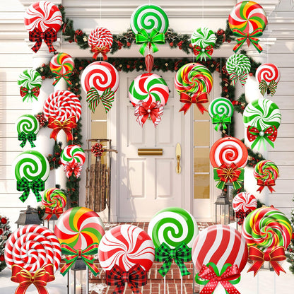 Huwena 30 Pcs Christmas Outdoor Hanging Decorations Snowflakes Candy Yard Signs Include 6 Plastic Yard Stakes 24 Double Sided Ornaments for Christmas Winter Holiday Garden Tree Decor(Candy Cane)