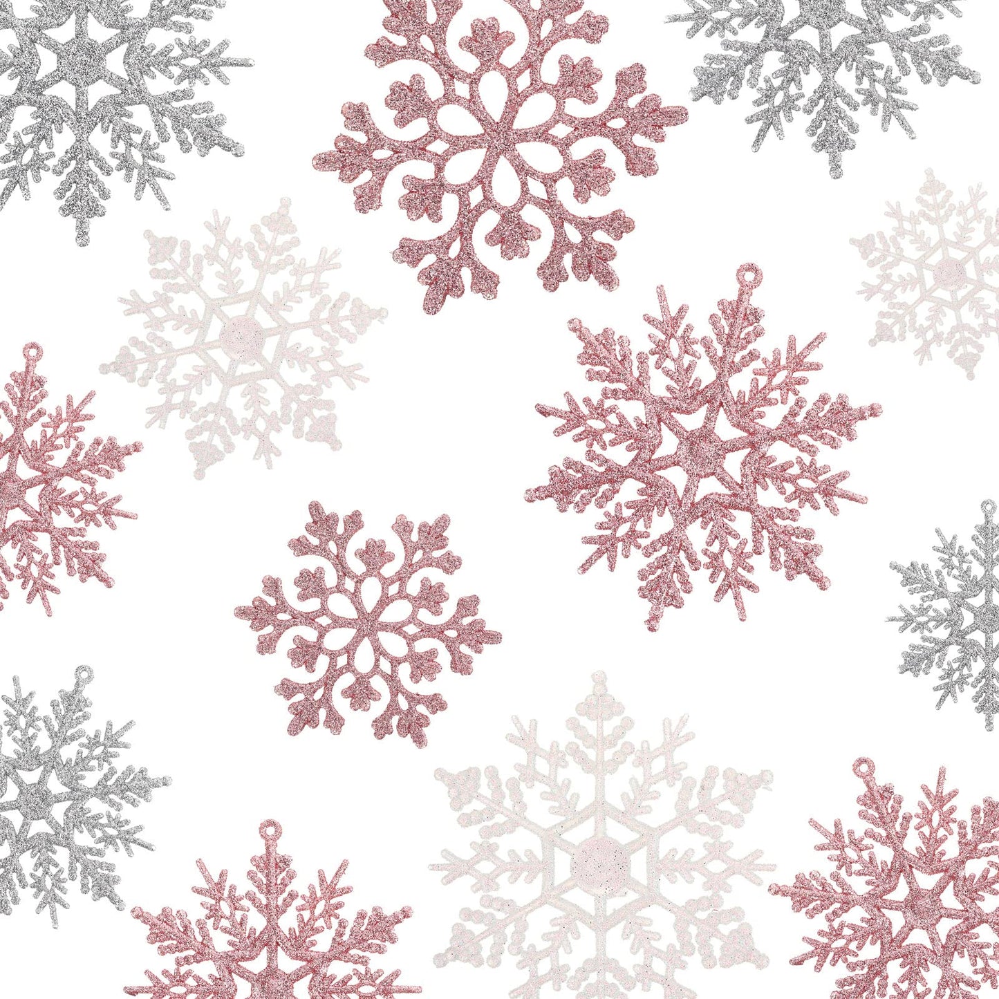 Syhood 48 Pieces Christmas Glitter Snowflake Ornaments 4 Inch Plastic Snowflake Ornaments Hanging Crafts for Christmas Tree Embellishing Party Decorations(Pink, Silver, White