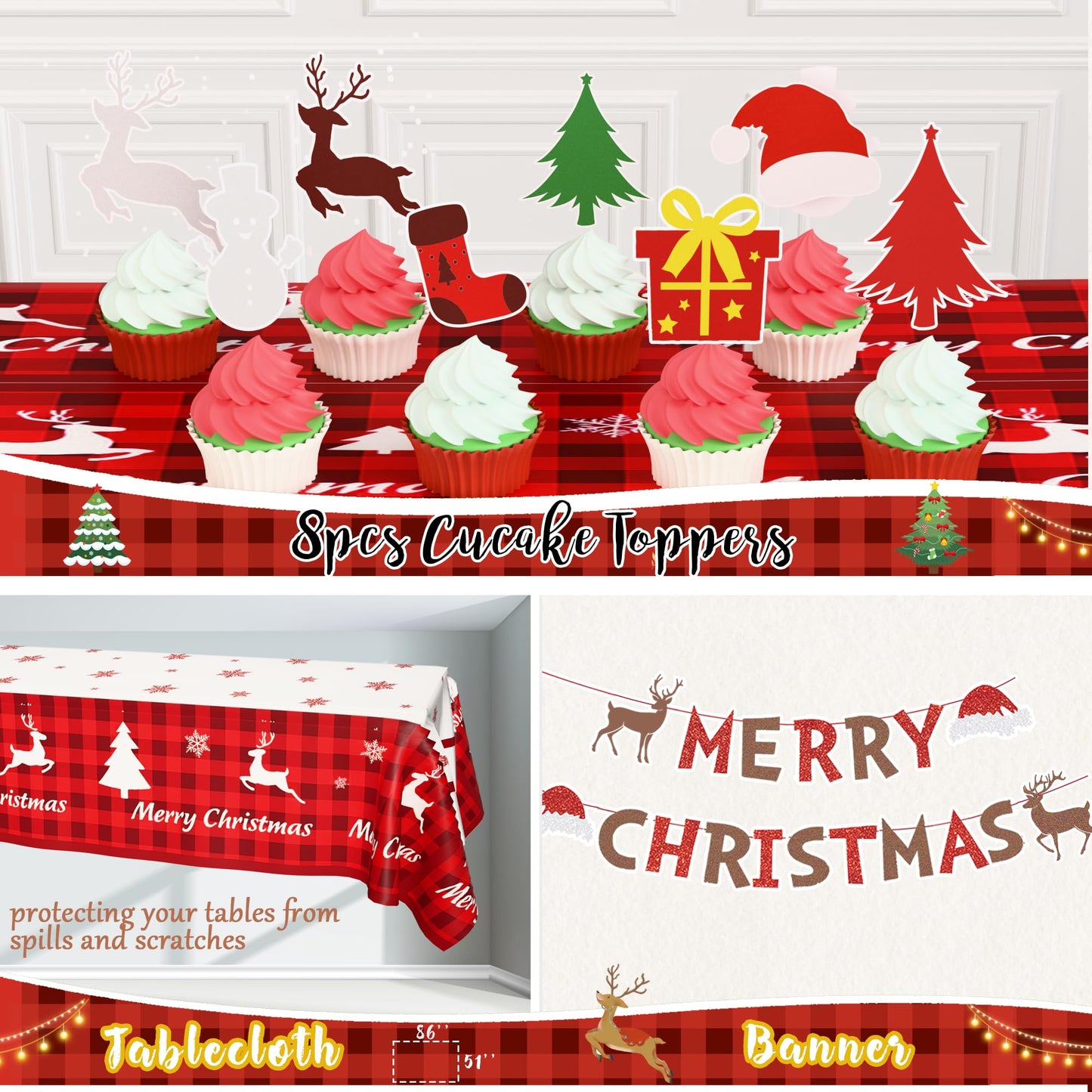 Merry Chirstmas Party Decorations, Christmas Decorations Set, Christmas Balloon Garland Banner Backdrop Tablecloth Toppers Snowflake Winter Santa Party Supplies for Indoor Outdoor Home Decor