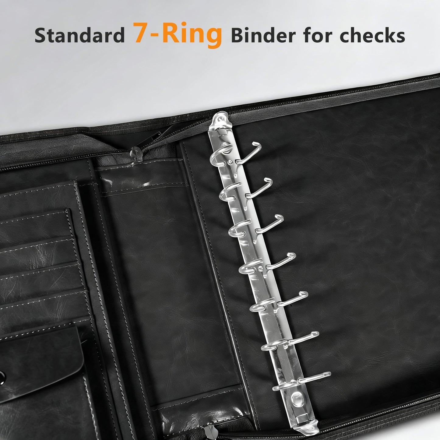 Toplive Zippered 7 Ring Business Checkbook Binder Extra-Large, 2Pack 7-Hole Pouch, 600 Checks Capacity, PU Leather Check Book Binder Cover with Multi-Pocket Design for Office & Business Use, Black