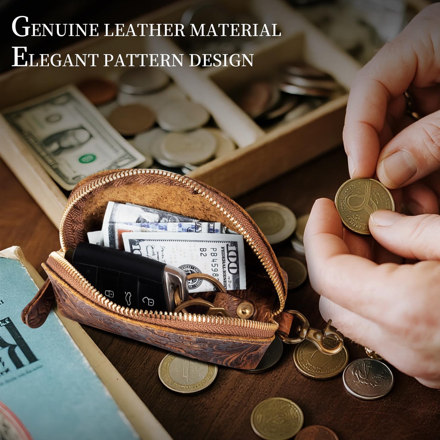 Gexmil Genuine Leather Coin Purse with Zipper, Full Grain Leather, Mini Coin Pouch for Women Men, Change Wallet,Floral Brown