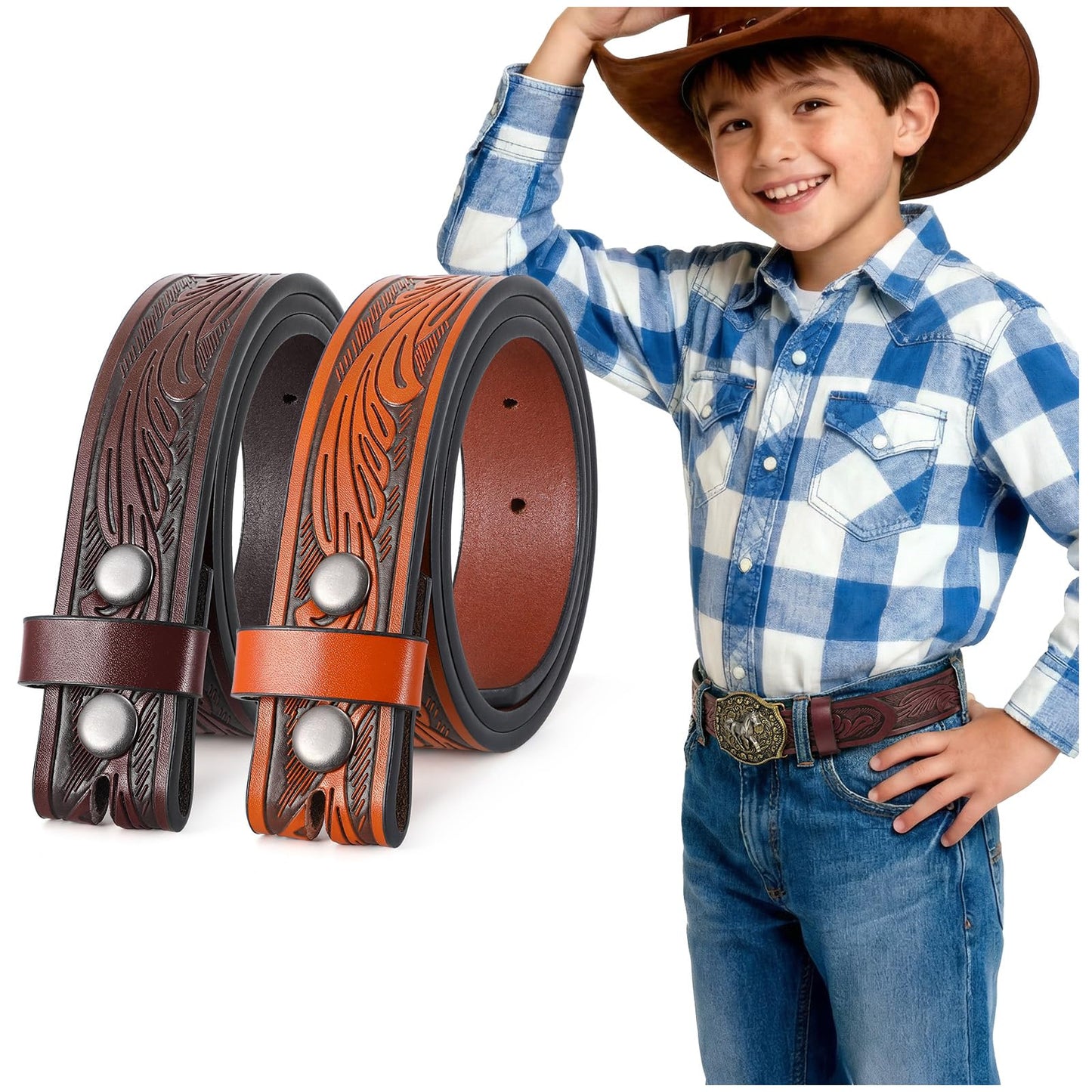 SANSTHS Kids Western Belt without Buckle Genuine Leather Boys Girls Belt Strap Cowgirl Cowboy Belts for Jeans Western Gifts, Embossed Bull/Brown Coffee