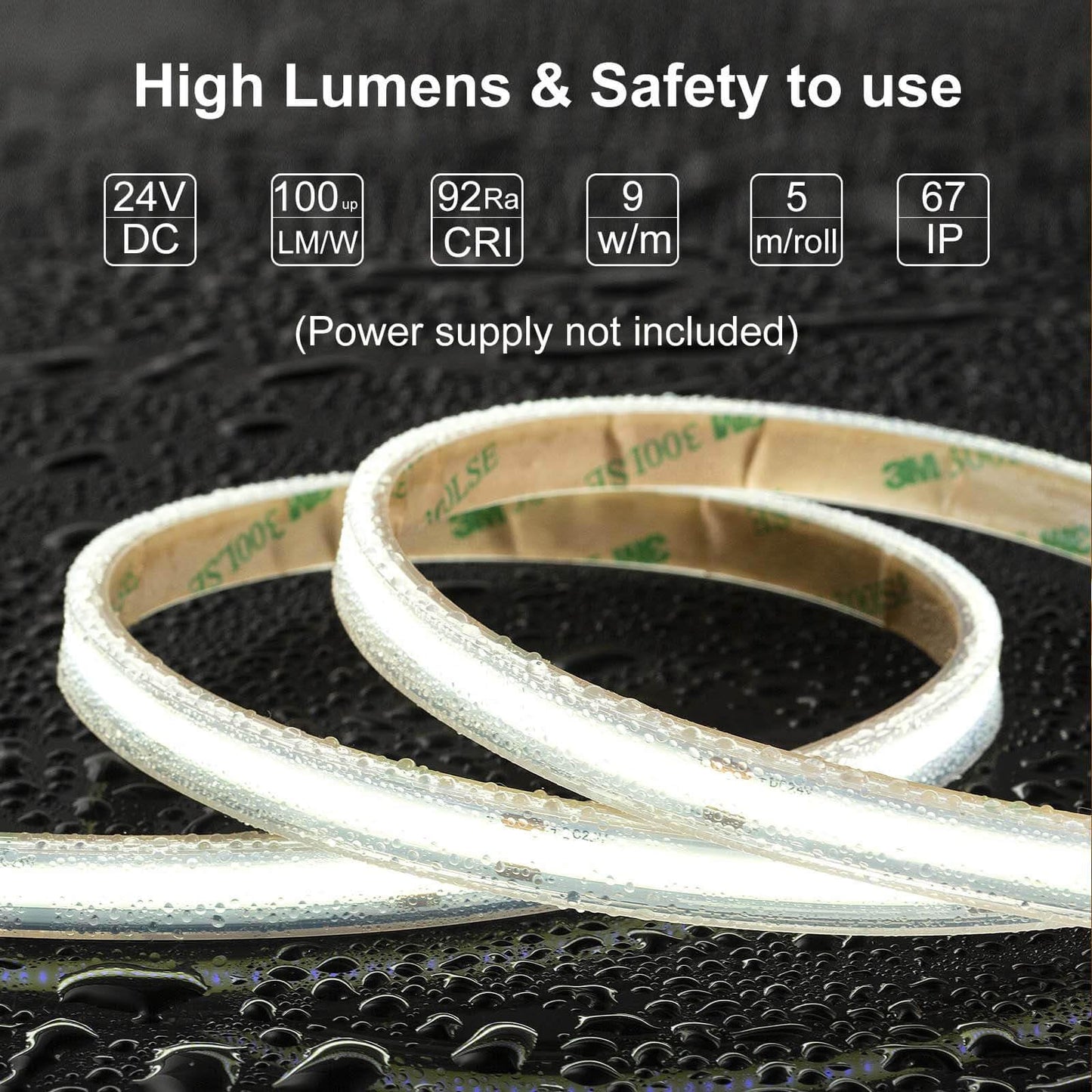 LLTOP COB LED Strip Lights Waterproof IP67 DC24v Daylight White 6000K 16.4ft/5m High CRI 92Ra+ Outdoor LED Tape Lighting DIY Cuttable for Bedroom Kitchen Cabinet Shelf (Power Supply Not Included)