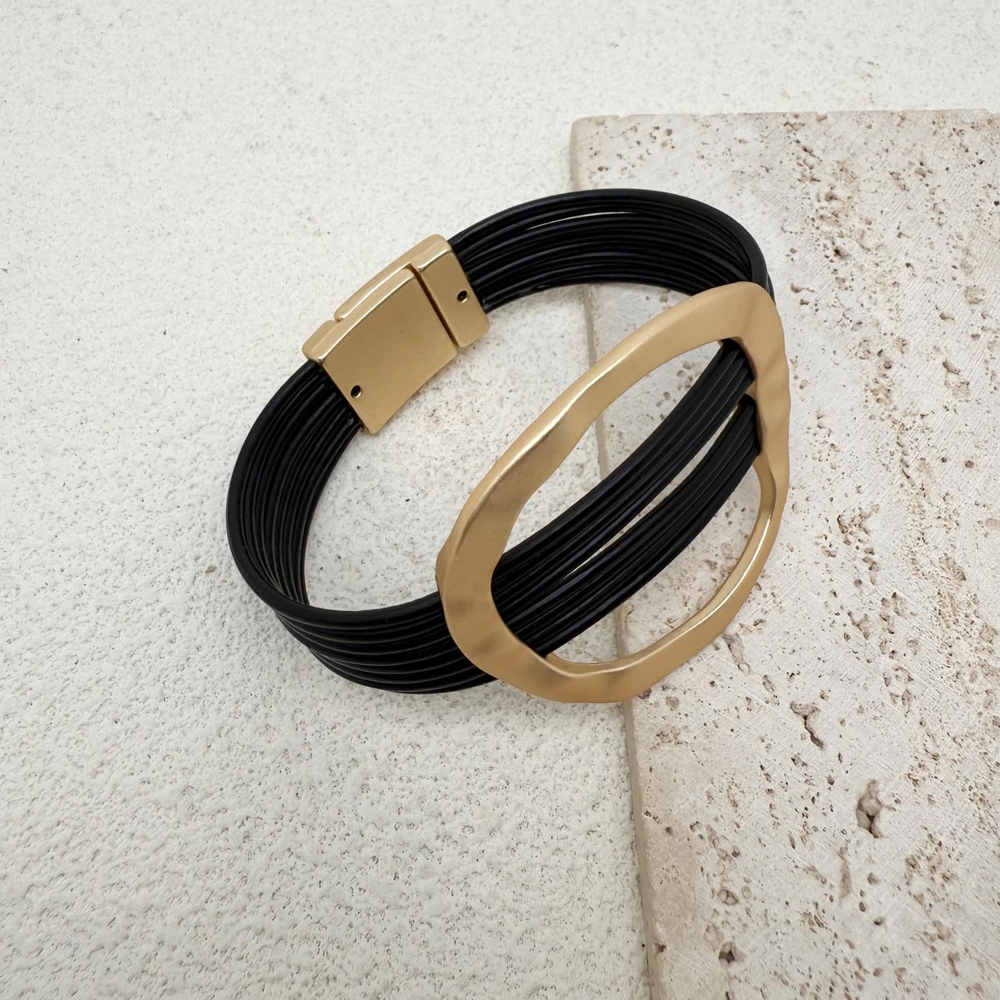 YYWANGART Gold and Black Leather Bracelet Large Disk Bangle Minimalist Multi Strand Leather Wrap Bracelet for Women
