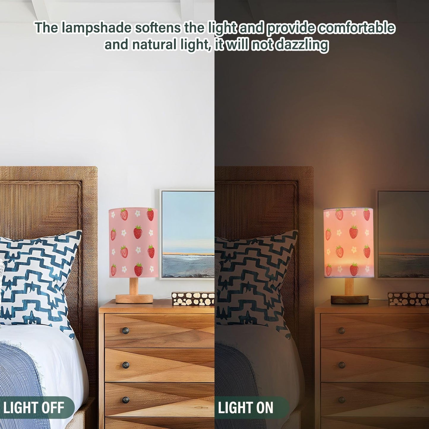 Oarencol Bedside Table Lamp Cute Strawberry Florals Nightstand Lamp with Wood Fruits Flowers Pink Desk Lamps for Bedroom Living Room Nursery Office Home Decor