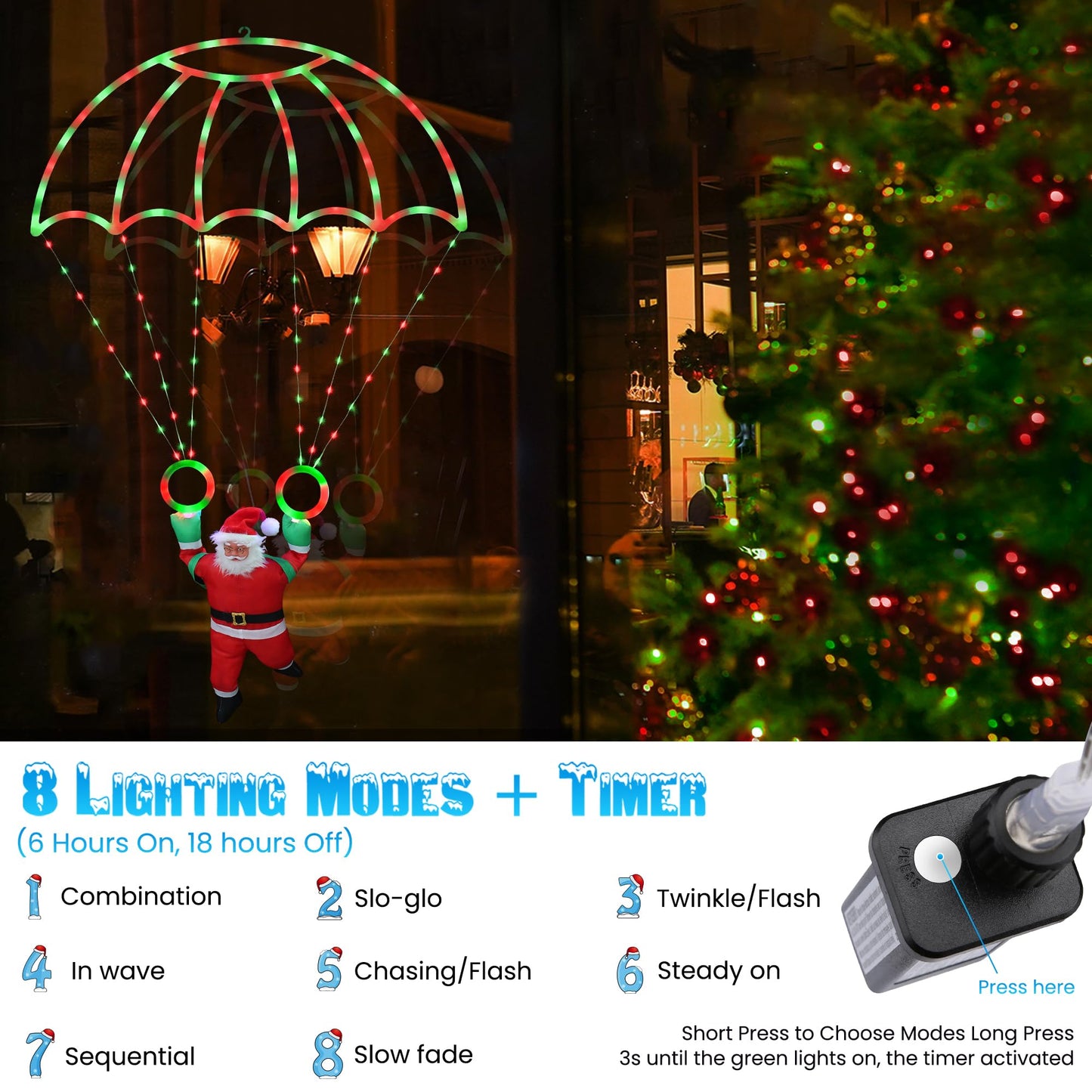 Toodour Christmas Decorations Lights Outdoor, 2.8FT Christmas Parachute Lights with Santa Claus, Waterproof 8 Modes Hanging Red & Green Xmas Light - Holiday Decorative Light for Indoor Eave Roof