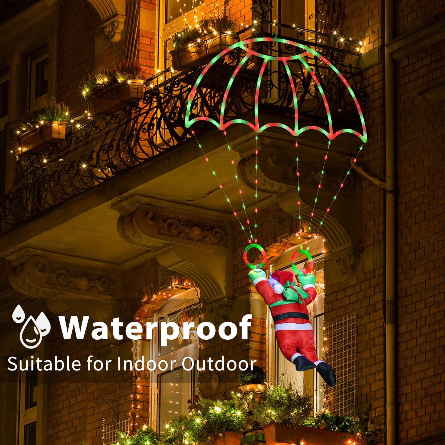 Toodour Christmas Decorations Lights Outdoor, 2.8FT Christmas Parachute Lights with Santa Claus, Waterproof 8 Modes Hanging Red & Green Xmas Light - Holiday Decorative Light for Indoor Eave Roof