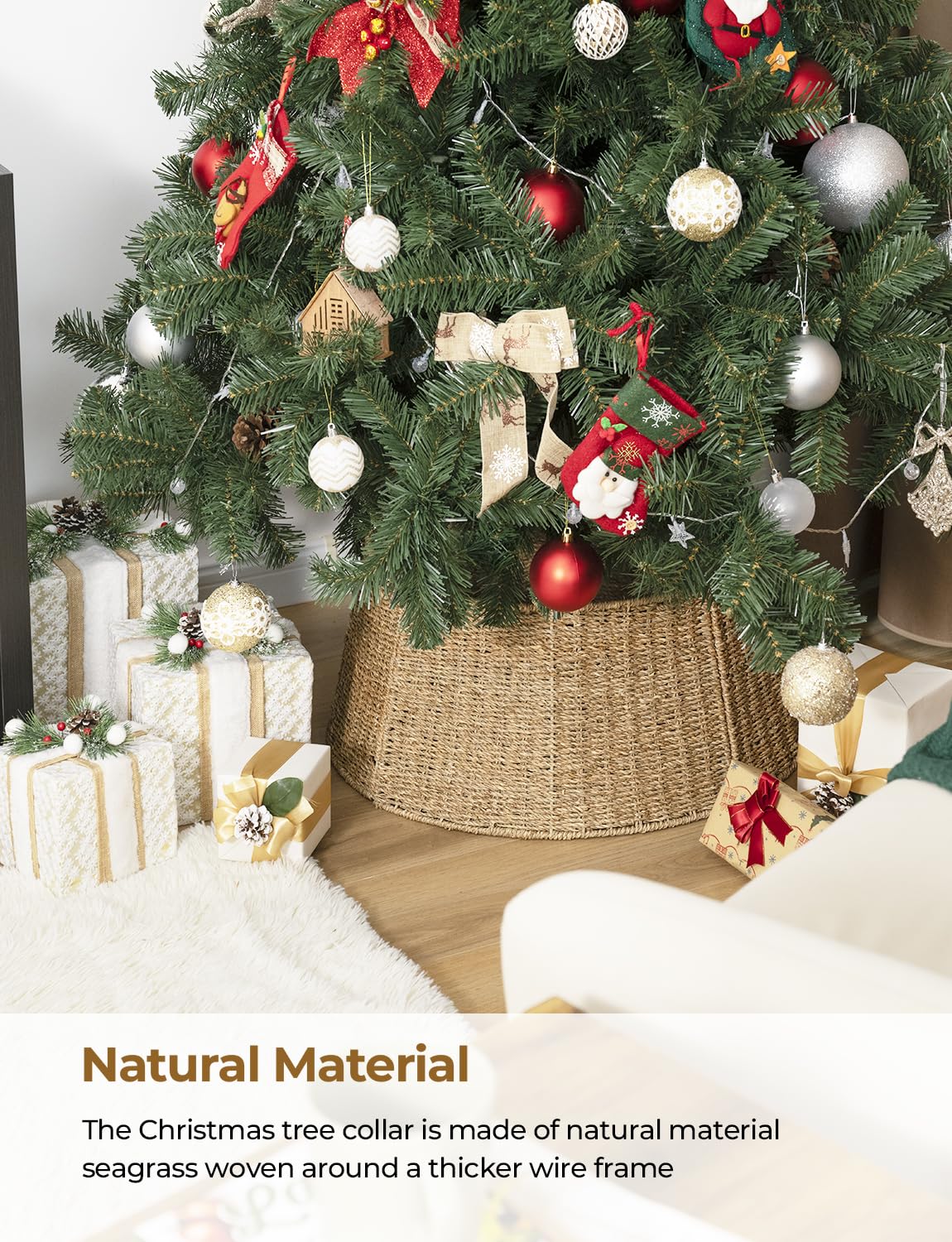 StorageWorks 26 Inch Christmas Tree Collar, 5-Piece Durable Seagrass Christmas Tree Skirt for Home Decor, Handcrafted Tree Base Cover for Artificial Trees, Large