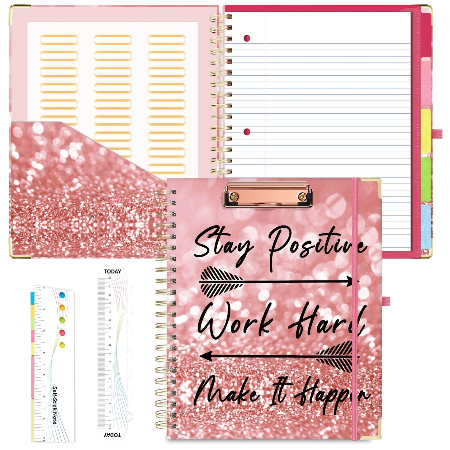 EYROZILL Spiral Notebook Clipboard with Removable Dividers Tabs, 5 Subject Notebook College Ruled, 8.5"x11" Hardcover Lined Journals with 12 Storage Pockets School Office Work Supplies