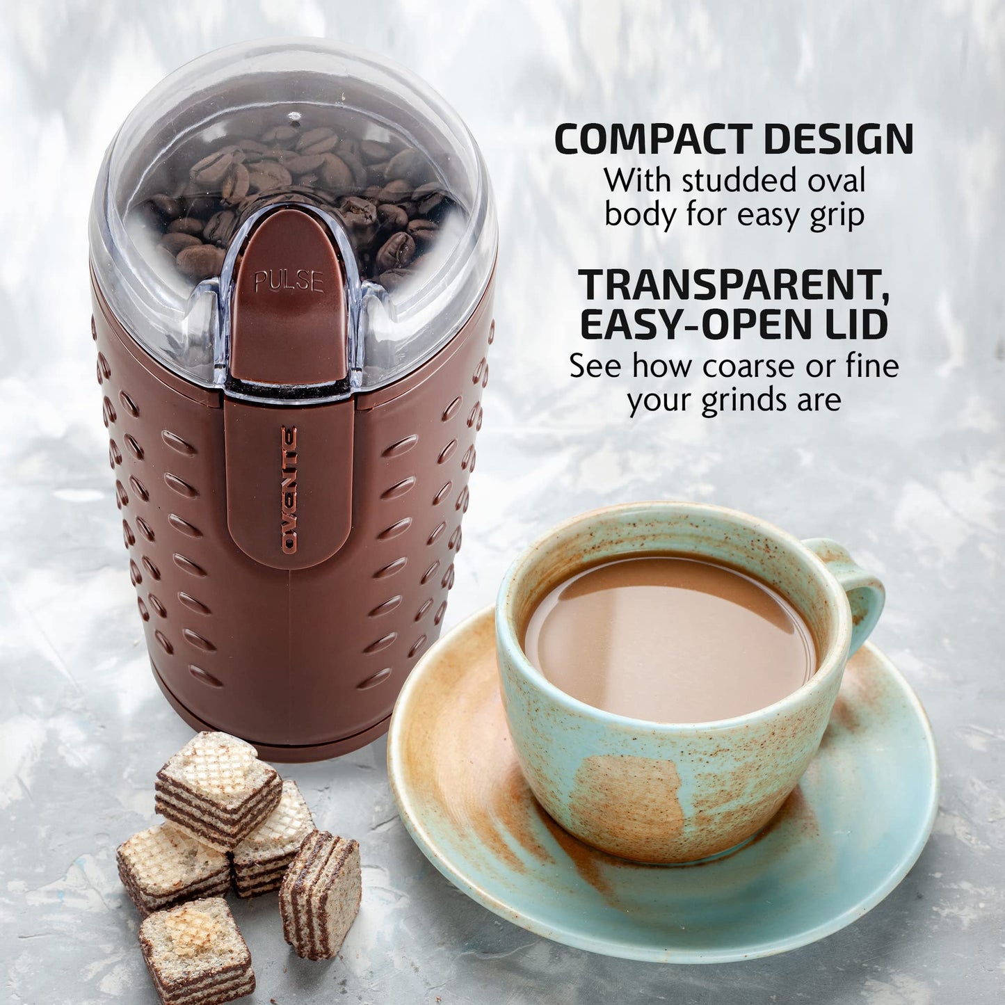 OVENTE Electric Coffee Grinder for Beans, Spices and More, 2.5Oz Compact Grinding Mill, Spice Grinder with Stainless Steel Blade, Pulse Button Operation and Transparent Easy to Open Lid, Black CG225B