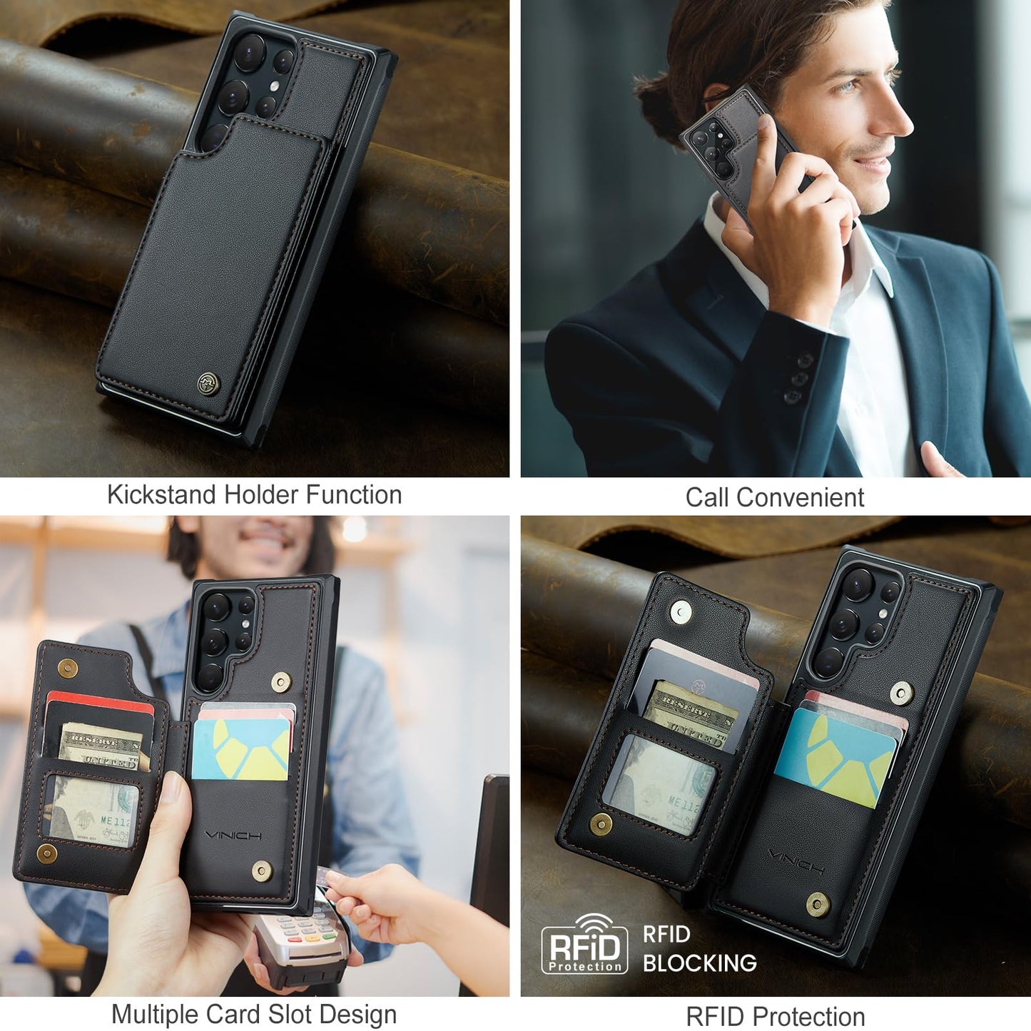 Vinich for Samsung Galaxy S22 Ultra Wallet Case with Card Holder, RFID Blocking Credit Slots Kickstand Shockproof Phone Cover Fit for Galaxy S22 Ultra 6.8" Black