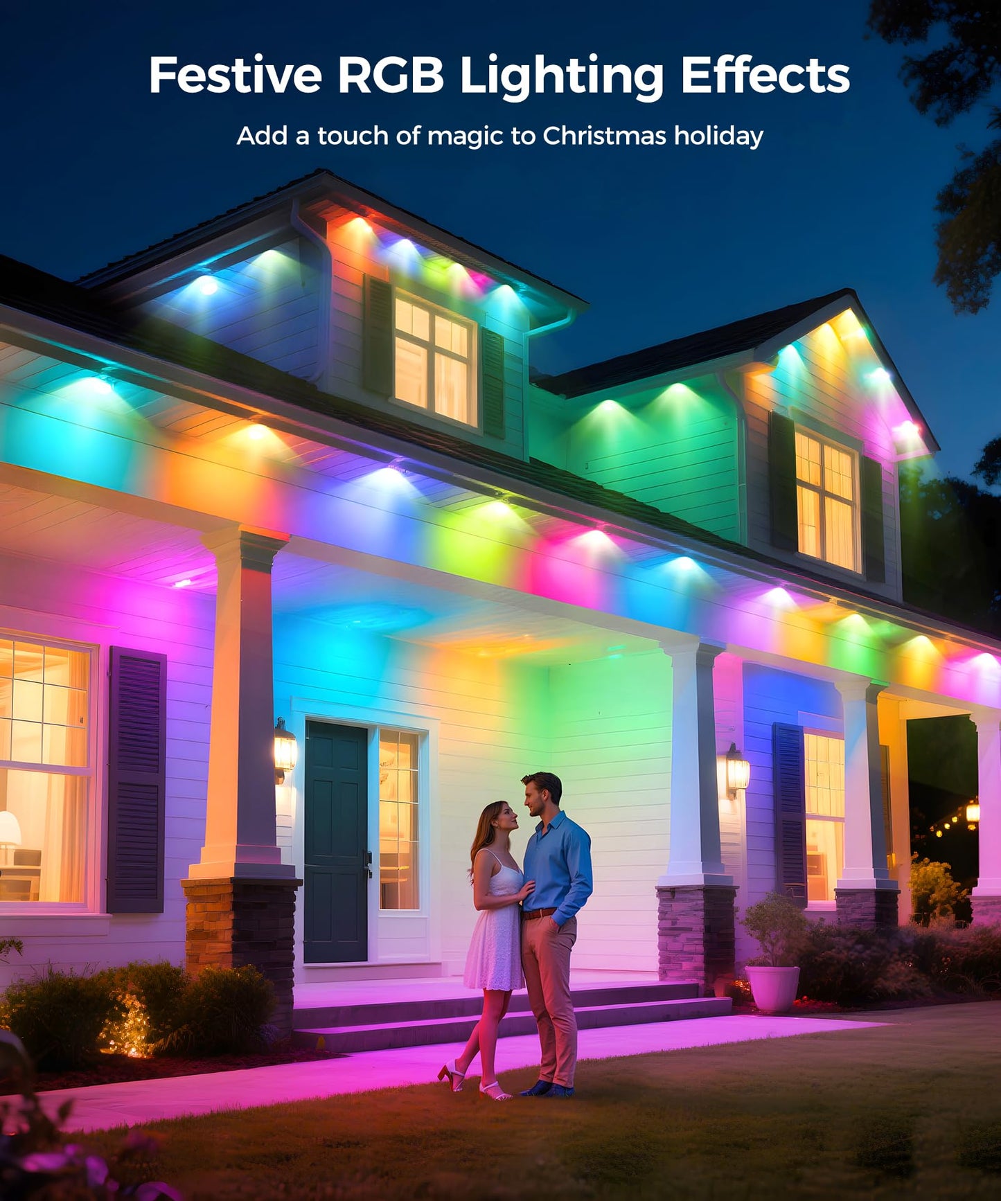 POOFZY Permanent Outdoor Lights for House,150ft RGB+IC Smart Outdoor Decor, 50 Scene Modes,App/Remote Control,IP67 Waterproof,for Christmas,Halloween,Daily & Holiday Party Decor,House Roof Lighting