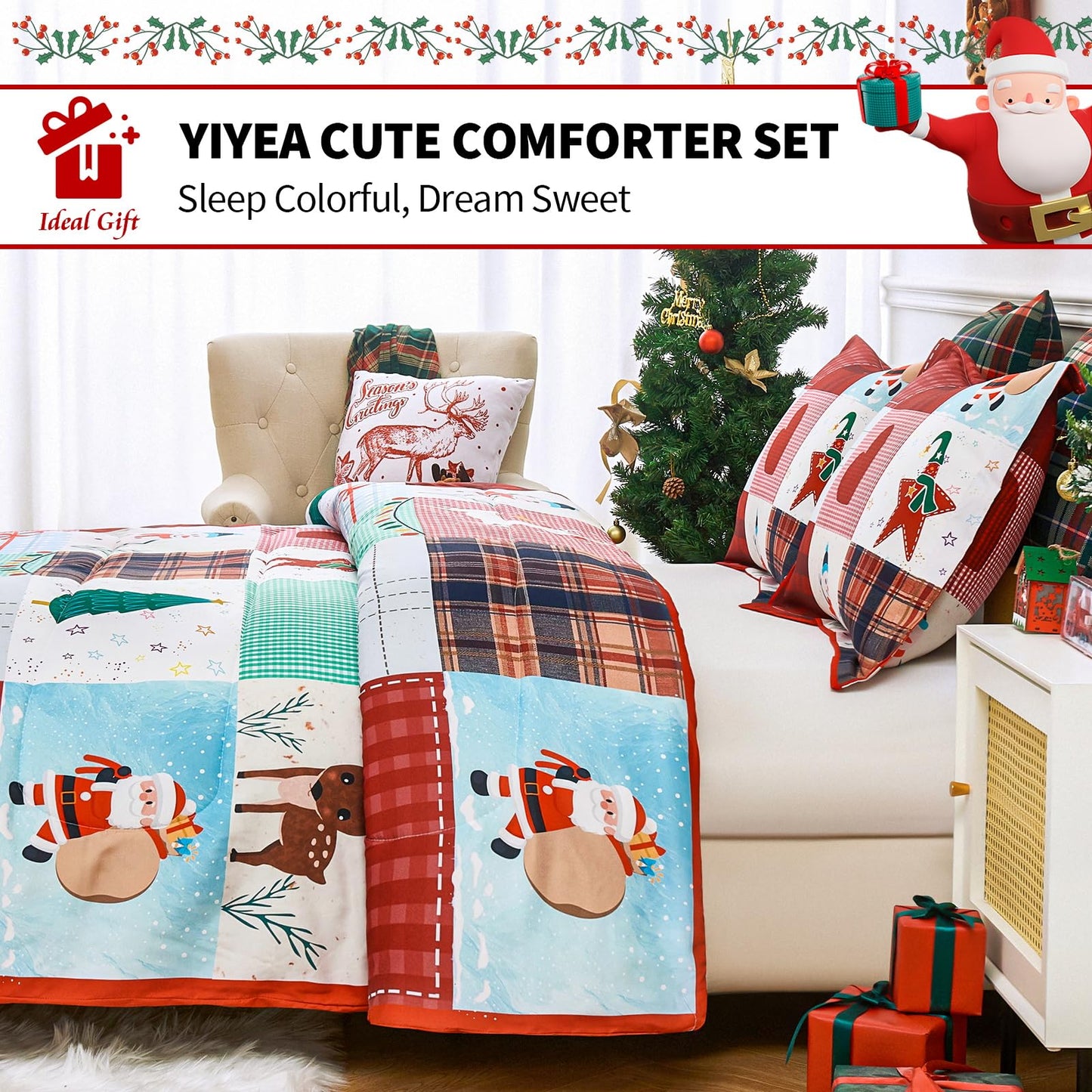 YIYEA Christmas Full Size Comforter Sets for Girls Boys, Cute Kids Comforter with 2 Pillowcase, Ultra Soft Brushed Microfiber Christmas Bedding Comforter Sets, Suit for All Season, Machine Washable