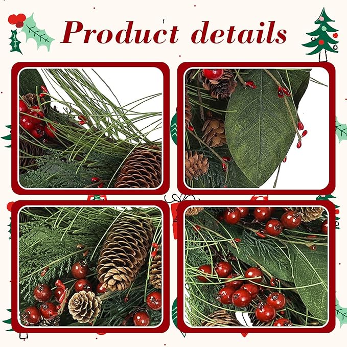 YNYLCHMX 20 Inch Winter Wreath for Front Door, Winter Wreaths with Magnolia Leaves Red Berries Pine Cones, Artificial Door Wreaths for Outdoor Indoor Farmhouse Windows Wall Holiday