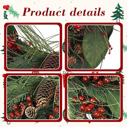 YNYLCHMX 20 Inch Winter Wreath for Front Door, Winter Wreaths with Magnolia Leaves Red Berries Pine Cones, Artificial Door Wreaths for Outdoor Indoor Farmhouse Windows Wall Holiday