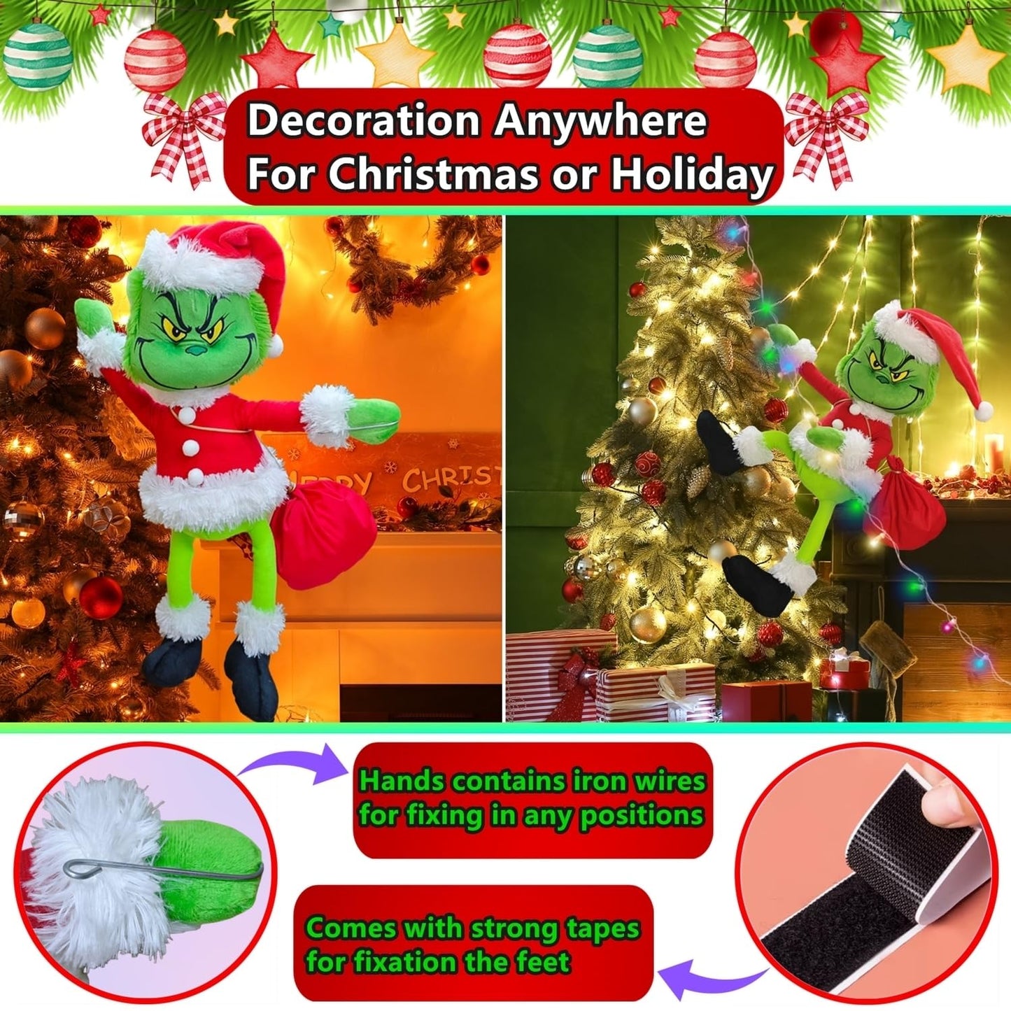 Christmas Green Monster Decorations, 23.6in Light Up Green Santa with LED String Lights Christmas Tree Ornaments, Pose-able Stuffed Doll for Outdoor Indoor Lawn Decoration
