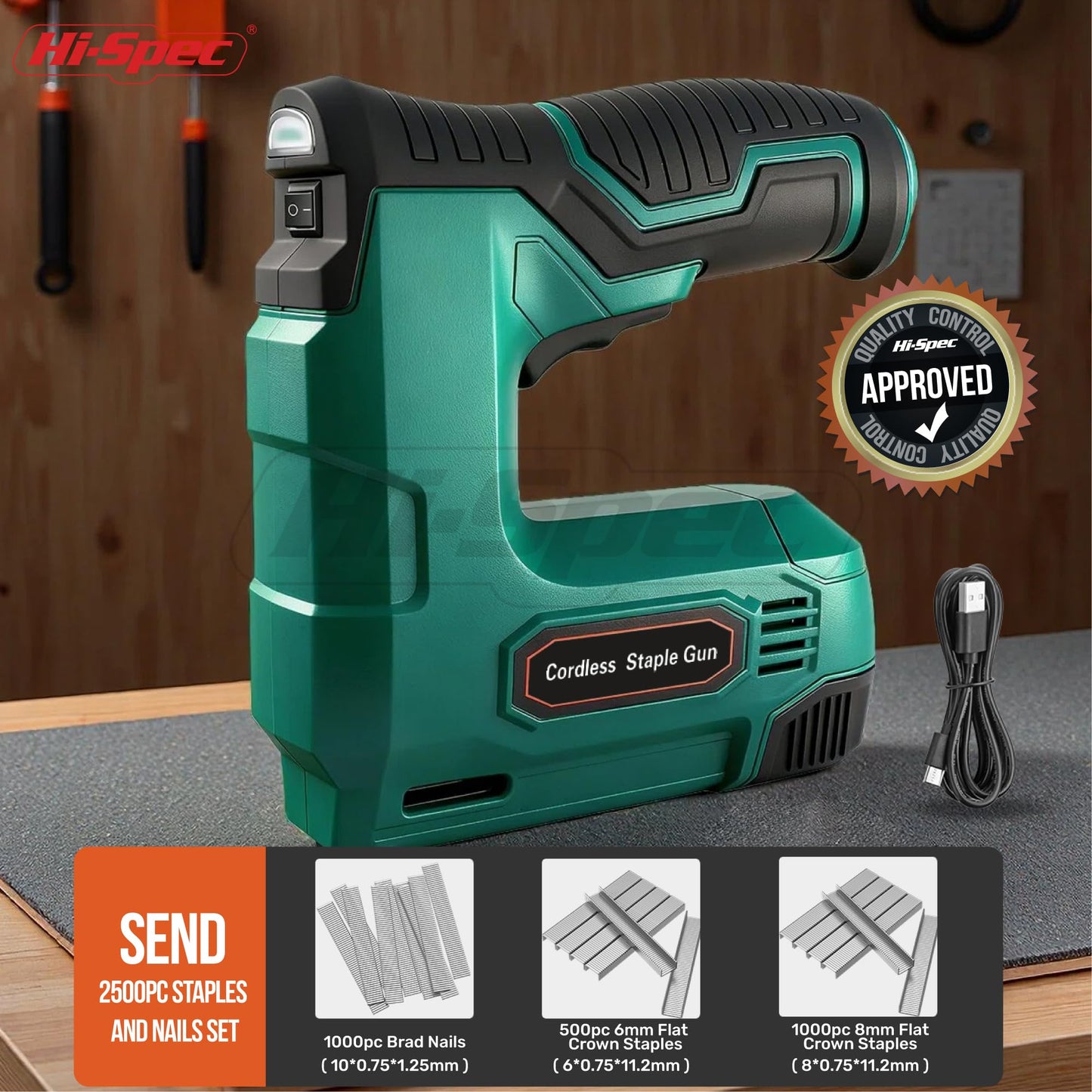 Hi-Spec 4V Cordless USB Staple Gun. Rechargeable Electric Compact Stapler & Brad Nailer Gun. Includes 2500pc Flat Crown Staples and Brad Nails Set for DIY, Crafts, Furniture and Carpentry