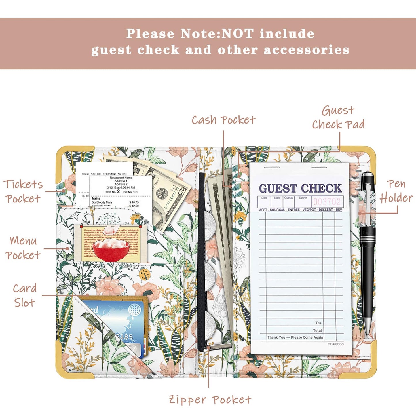 YeeCASE 2Pack Flower Server Book for Waitress with Money Pocket and Zipper Pouch, Fits Waitress Apron, Waitress Accessories, Receipt Holder with High Volume Pocket (Flower-Grass)