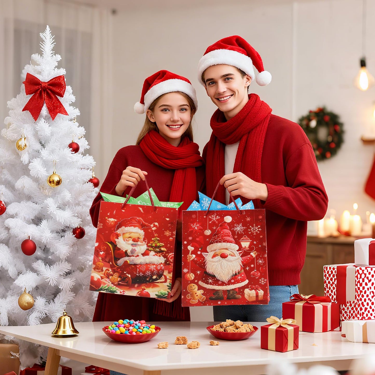 Rusikia 12 Christmas Gift Bags with 12 Tissues and 1 Satin Ribbon - Medium