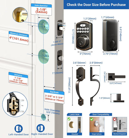 Veise Fingerprint Door Lock Set, Keyless Entry Door Lock, Front Handle Set, Electronic Keypad Deadbolt with Lever Handle, 2 Keys, Auto-Locking, One-time Codes, Easy to Install, Oil Rubbed Bronze