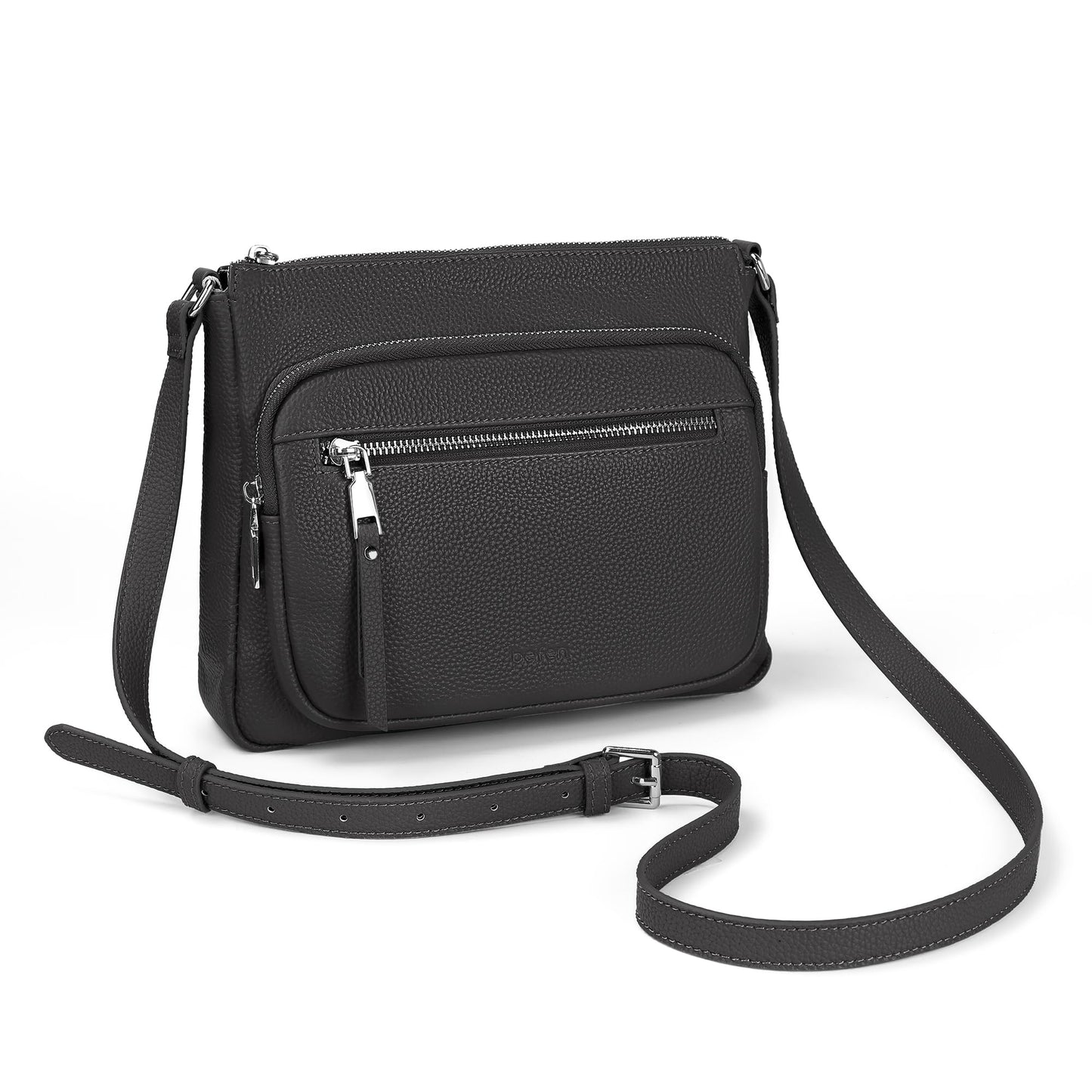 befen Genuine Leather Crossbody Bags for Women, Black Leather Purse with Built in Wallet, RFID Blocking Womens Handbag Shoulder Bag with Multi Zipper Pockets
