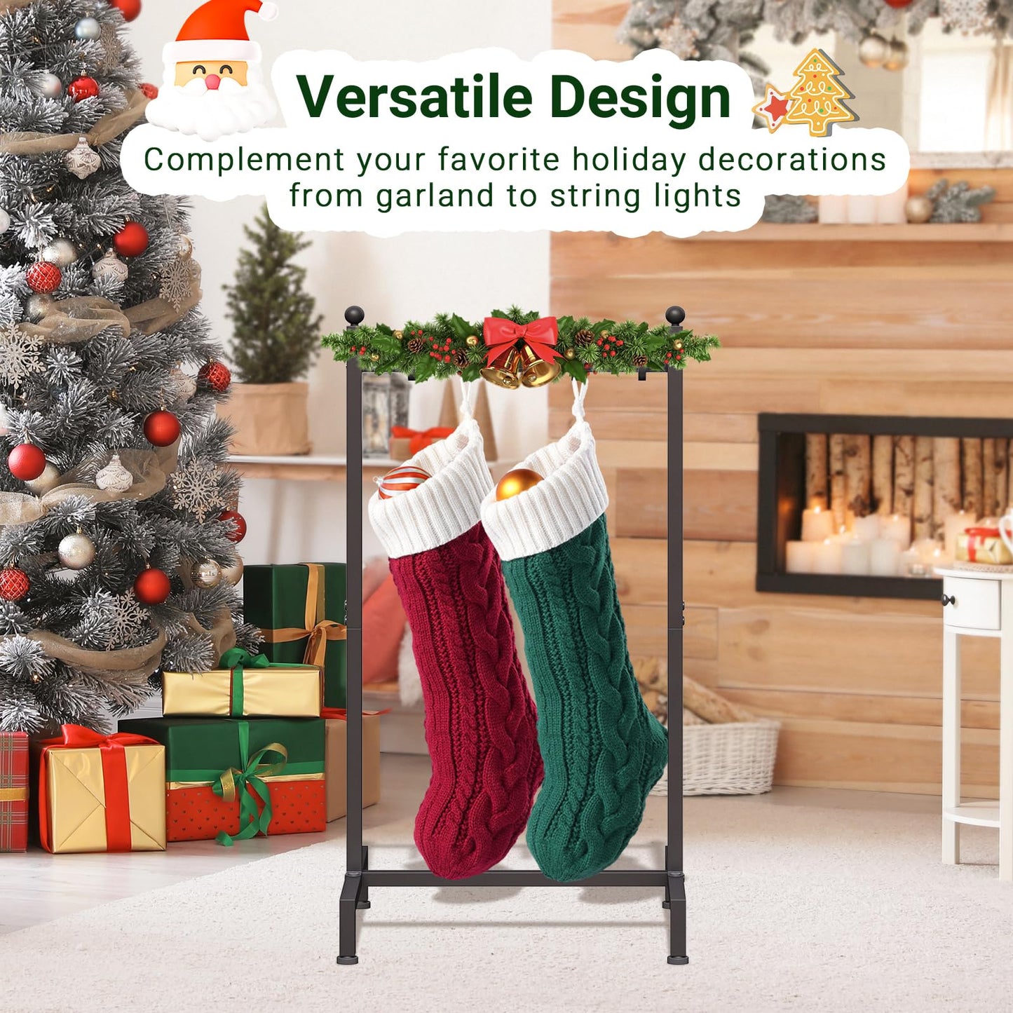 ELYKEN Christmas Stocking Holder Stand for Floor, Free Standing Stocking Rack with 4 Removable Hooks, Wood Stocking Hanger Stand, Heavy Duty Xmas Stocking Stand with Adjustable Feet, Black