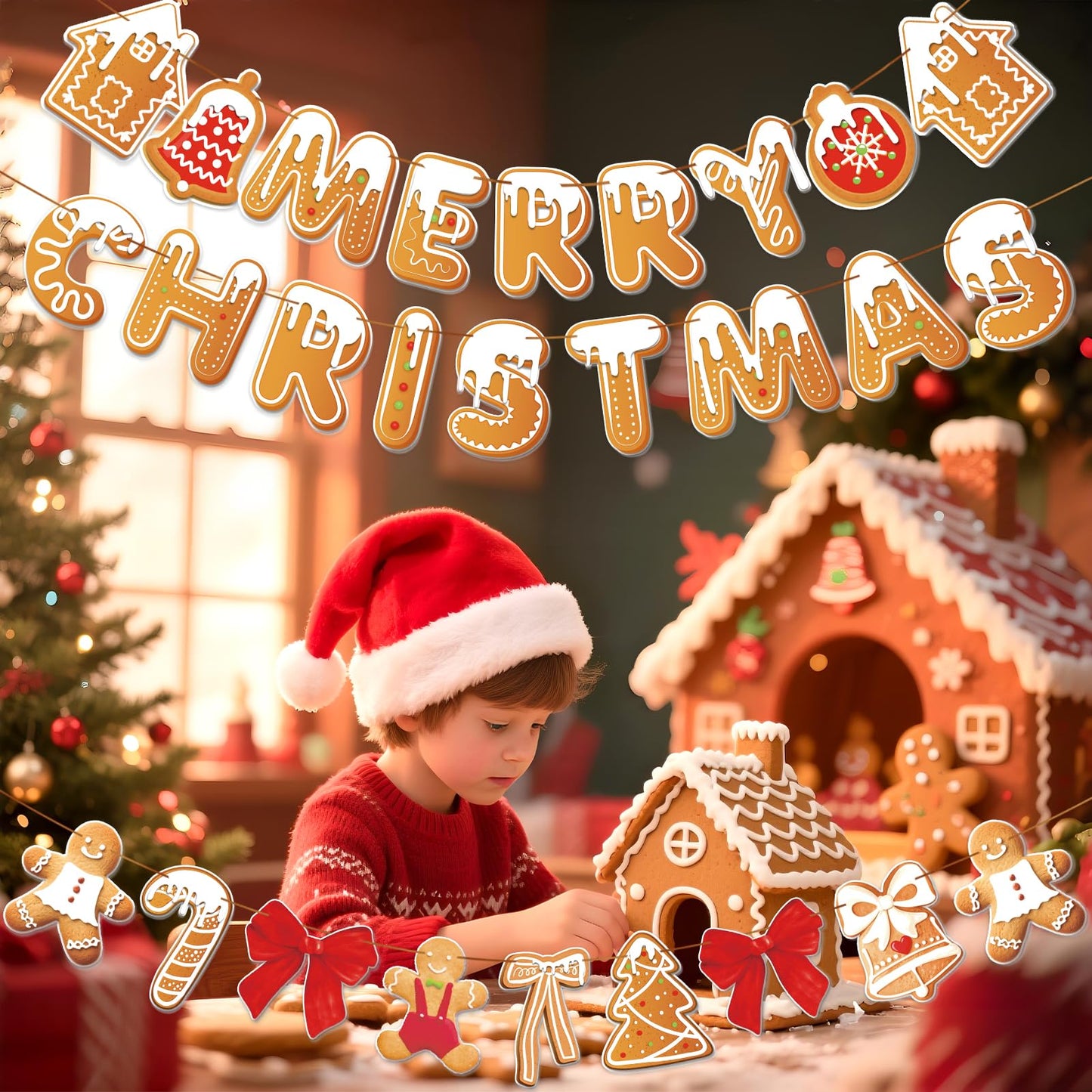 PAPER JAZZ Gingerbread Christmas Decoration Merry Christmas Banner,3 Pcs Gingerbread Christmas Garland,Xmas Backdrop Cute Hanging Decor for Wall, Tree, Door, Yard, Home, Office, Indoor Outdoor.