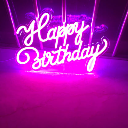 LiQi ™ ' HAPPY BIRTHDAY Neon Sign For Party Décor Bedroom Bar Wedding Home Kitchen Birthday Art Decoration Christmas Light Up Sign,led Neon Signs Wall Light Backdrop USB Powered, 16.5 * 12",Pink