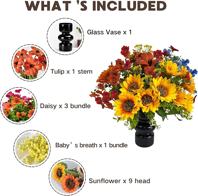 Fall Fake Flowers with Vase, Sunflowers Artificial Flowers, Faux Flowers in Vase for Centerpiece Table Decorations, Fake Plant Silk floral arrangements for Thanksgiving Home Coffee Kitchen Table Decor