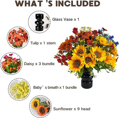 Fall Fake Flowers with Vase, Sunflowers Artificial Flowers, Faux Flowers in Vase for Centerpiece Table Decorations, Fake Plant Silk floral arrangements for Thanksgiving Home Coffee Kitchen Table Decor