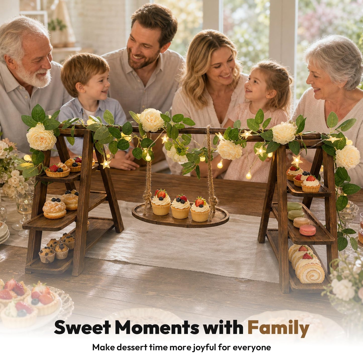 LIOIFIR Wooden 3 Tier Cupcake Stand with Swing, Star String Lights & Champagne Flower Vine, Rustic Dessert Table Display Set, Tiered Food Serving Tray for Party, Wedding, Catering Centerpieces