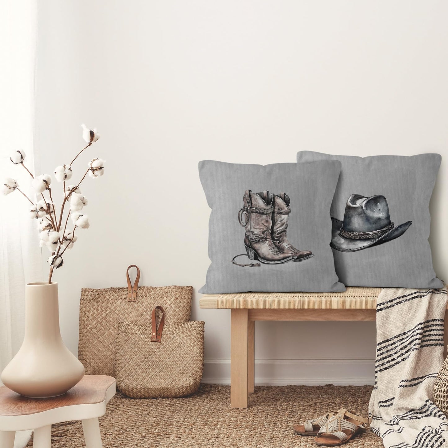 VRW Western Cowboy Hat Boots Throw Pillow Covers Set of 2, Classroom Pillow Covers, Rustic Grey Pillow Covers for Farmhouse Decor, Pillowcase for Western Home Decor Rustic, Western Gifts, 18x18