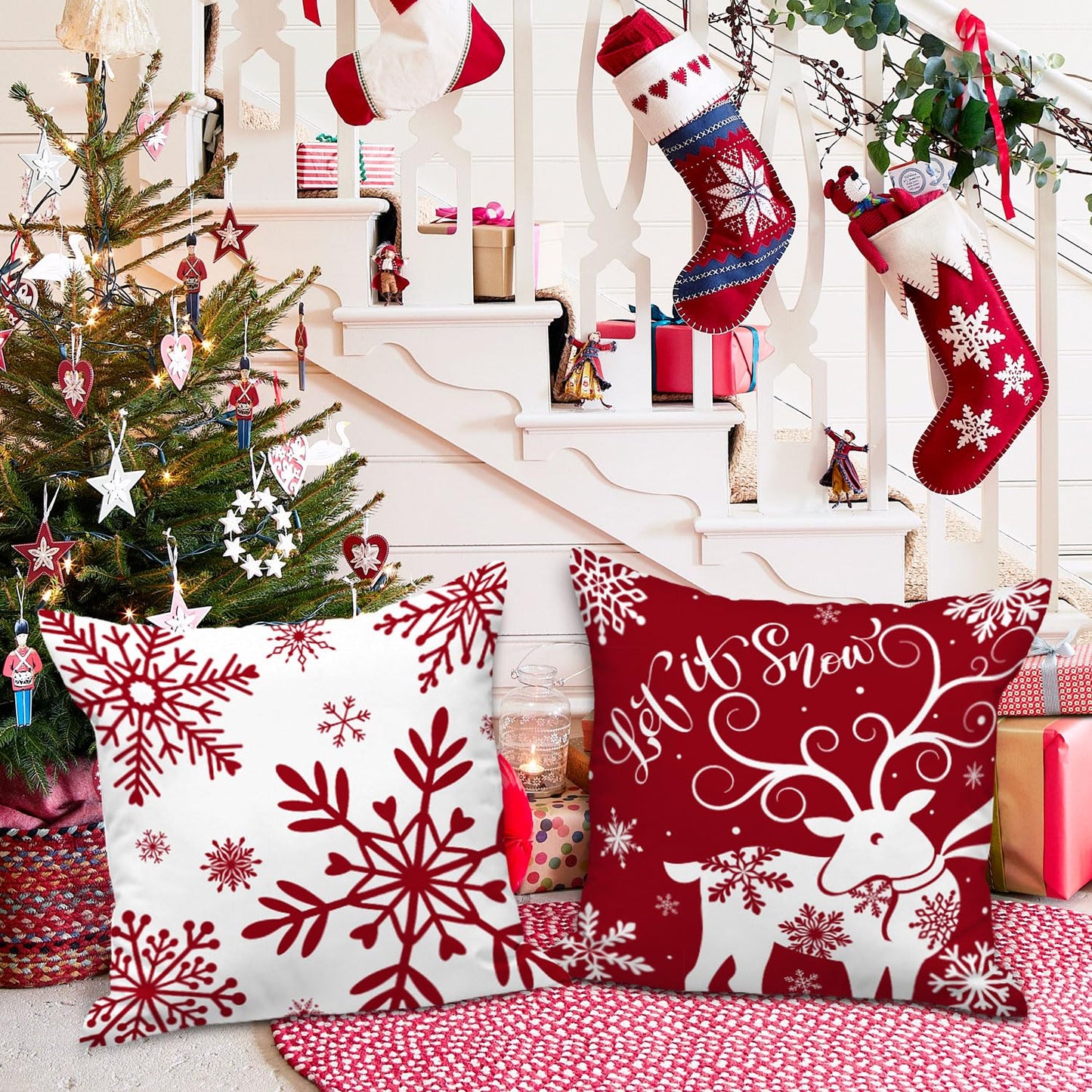 Lanpn White and Red 18x18 Christmas Pillow Covers Set of 4, Decorative 18 Inch Winter Snowflake Throw Pillow Case Xmas Cushion Cover for Indoor House Sofa Red