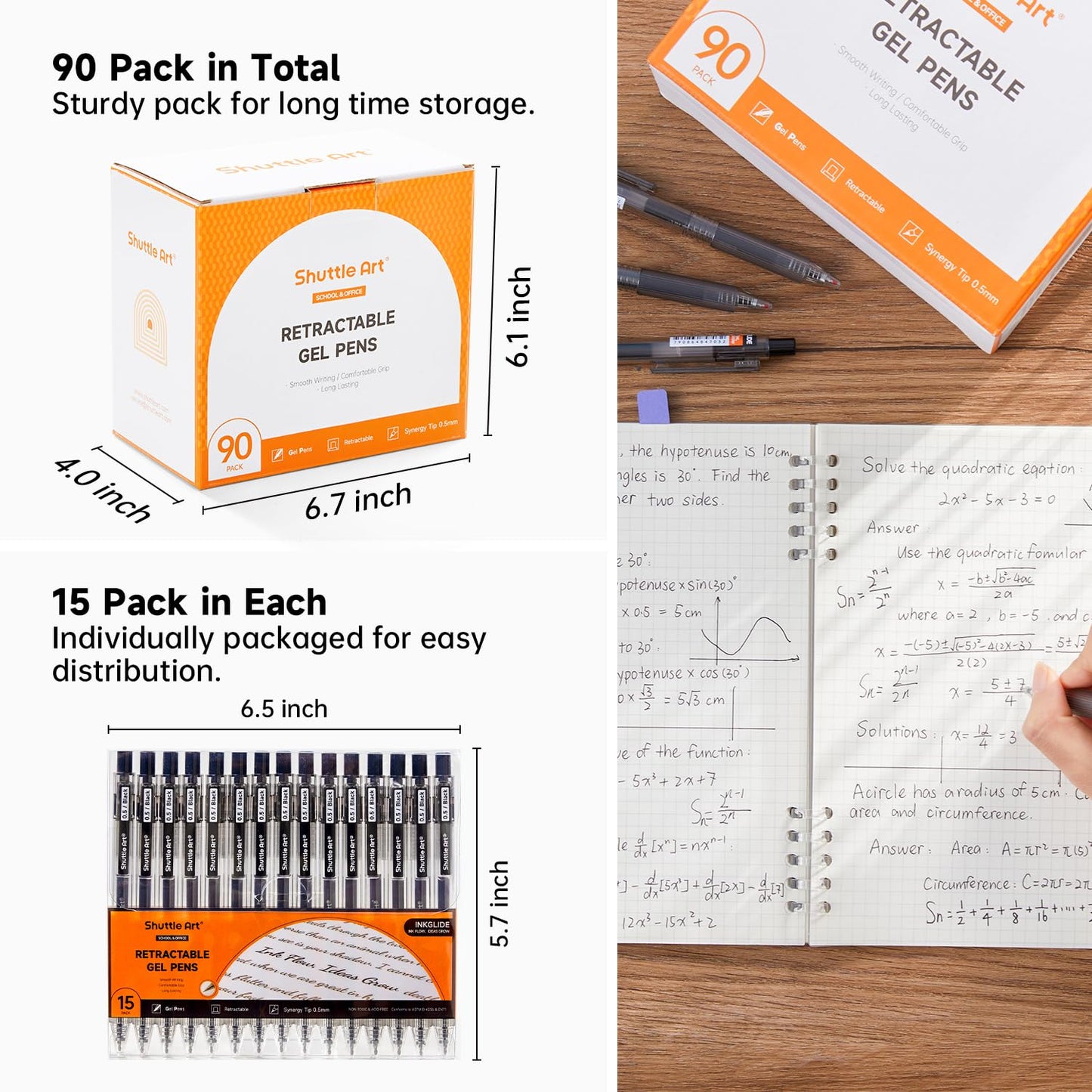 Shuttle Art Black Gel Pens, Ink Glide Series 90 Pack Retractable 0.5mm Fine Point Rollerball Gel Ink Pens Bulk Set Quick Drying Smooth Writing with Grip for Journaling Note Taking Office School Home