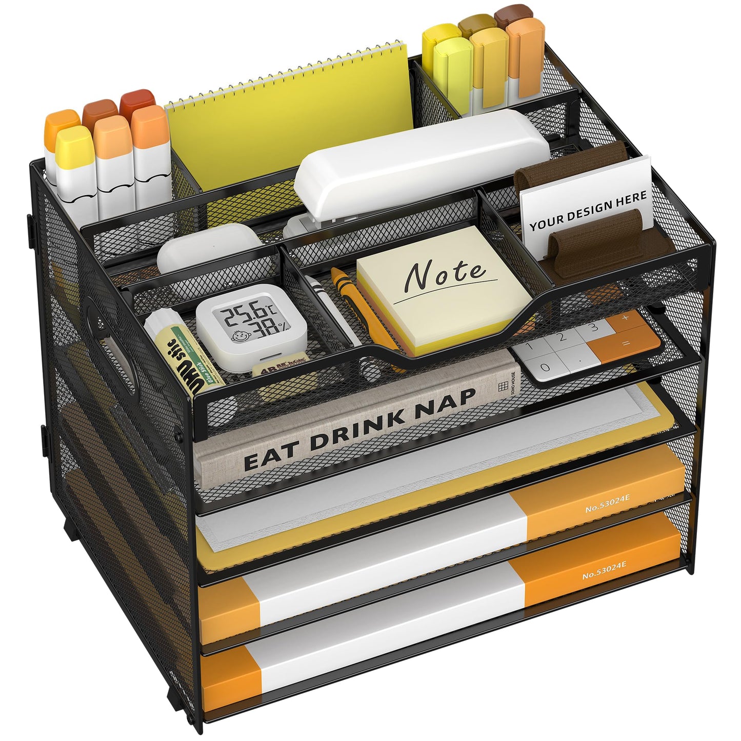 OrgMate 5 Tier Paper Letter Tray with 3 Drop-in Pen Holders, Mesh Desk File Organizer with Handle, Desk Organizers and Accessories for School,Home, Office Supplies Storage-Black