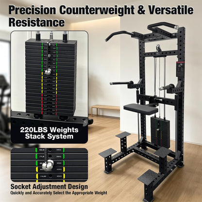 Commercial Dip & Chin Assist Machine with 220LBS Counterweight, Pull Up Assist Station Upper Body Workout Equipment with Adjustable Handles, Multi-Grip Chin Up Bar for Home Gym or Rehabilitation