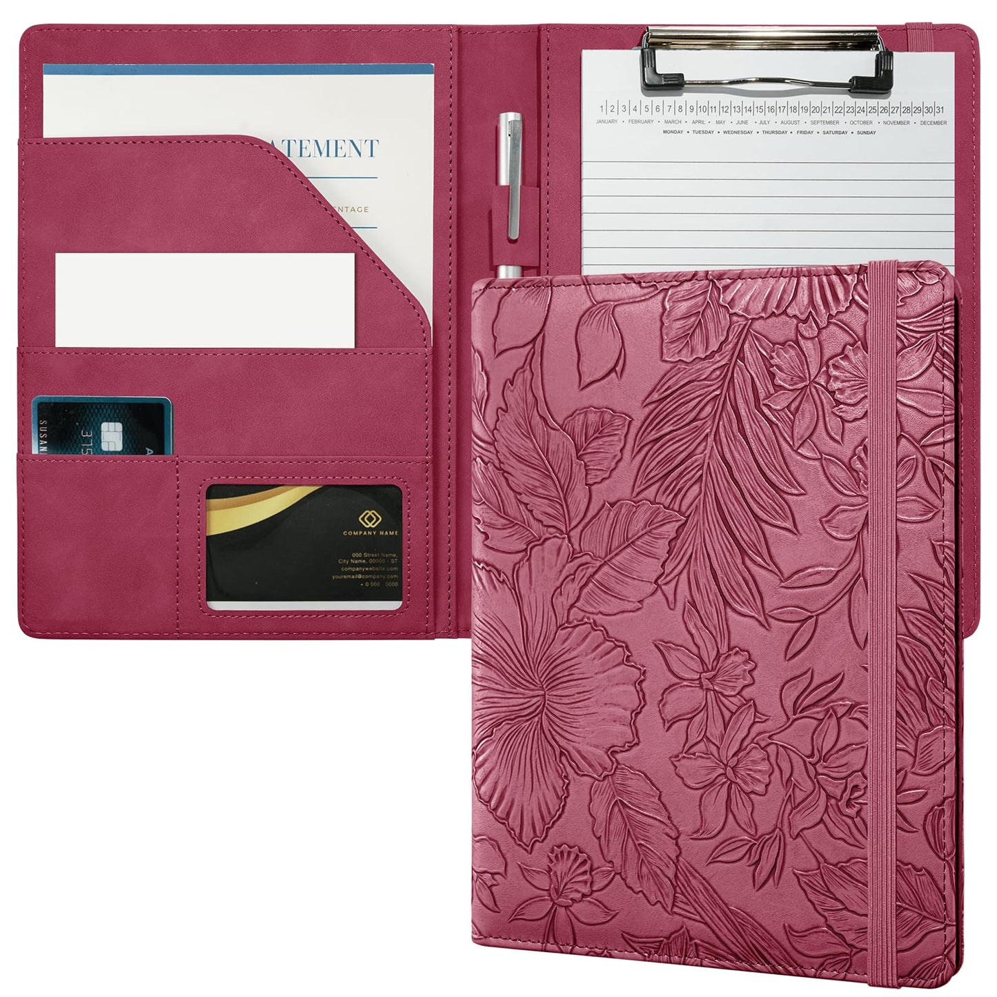 Mymazn Small Padfolio Clipboard Folder for 5x8 Inch Writing Pads, Compact A5 Portfolio for Business Office, Floral Red